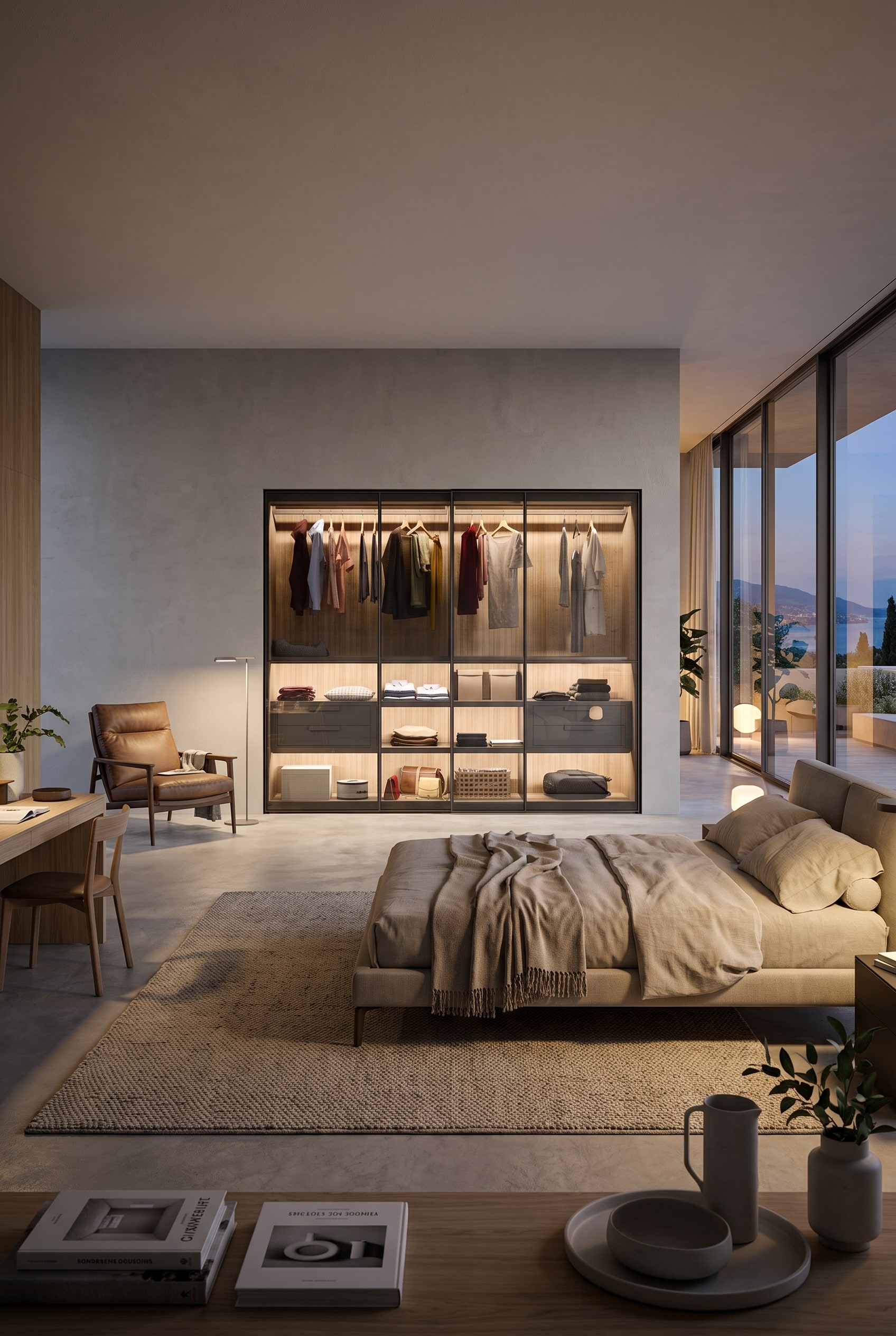 Modern bedroom with Novamobili Layer wardrobe featuring large, smoothly gliding sliding doors