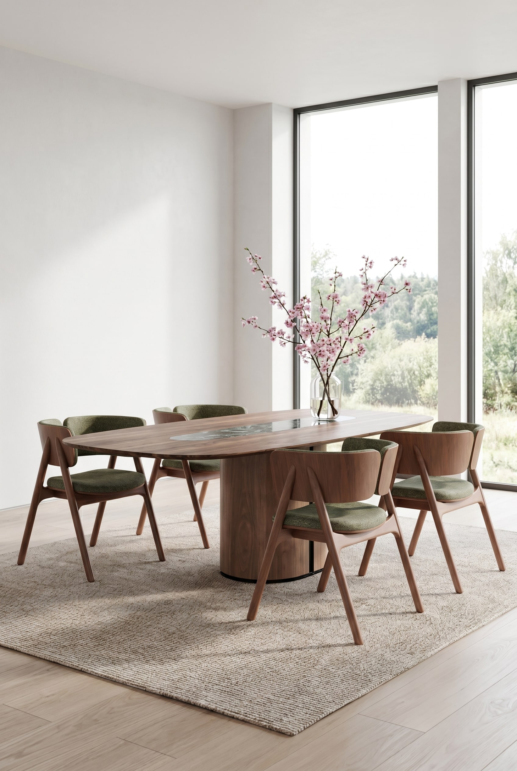 Large wooden table with a distinctive base and an inlaid natural stone slab, decorated with subtle spring branches