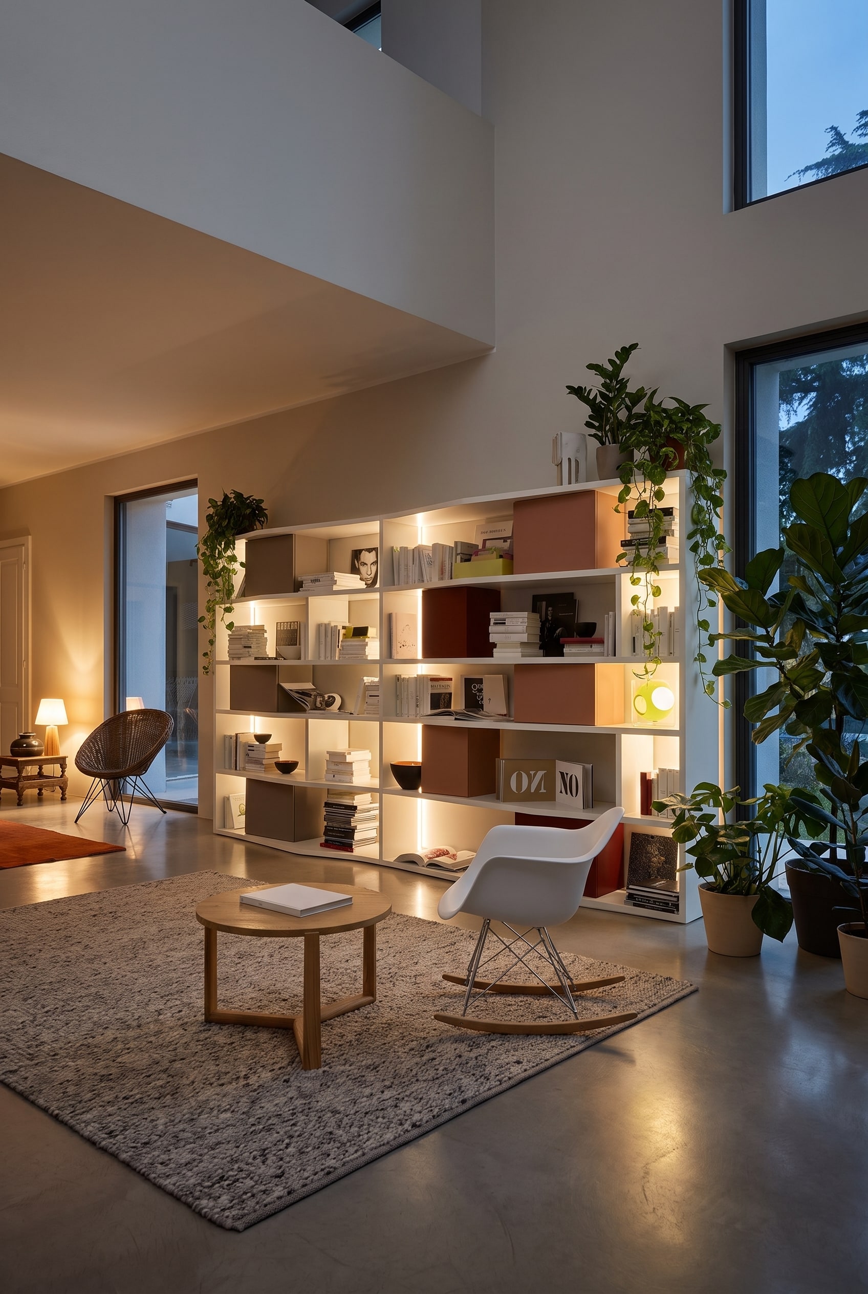 Floor-to-ceiling white bookshelf with integrated colored boxes in a large bright loft living room