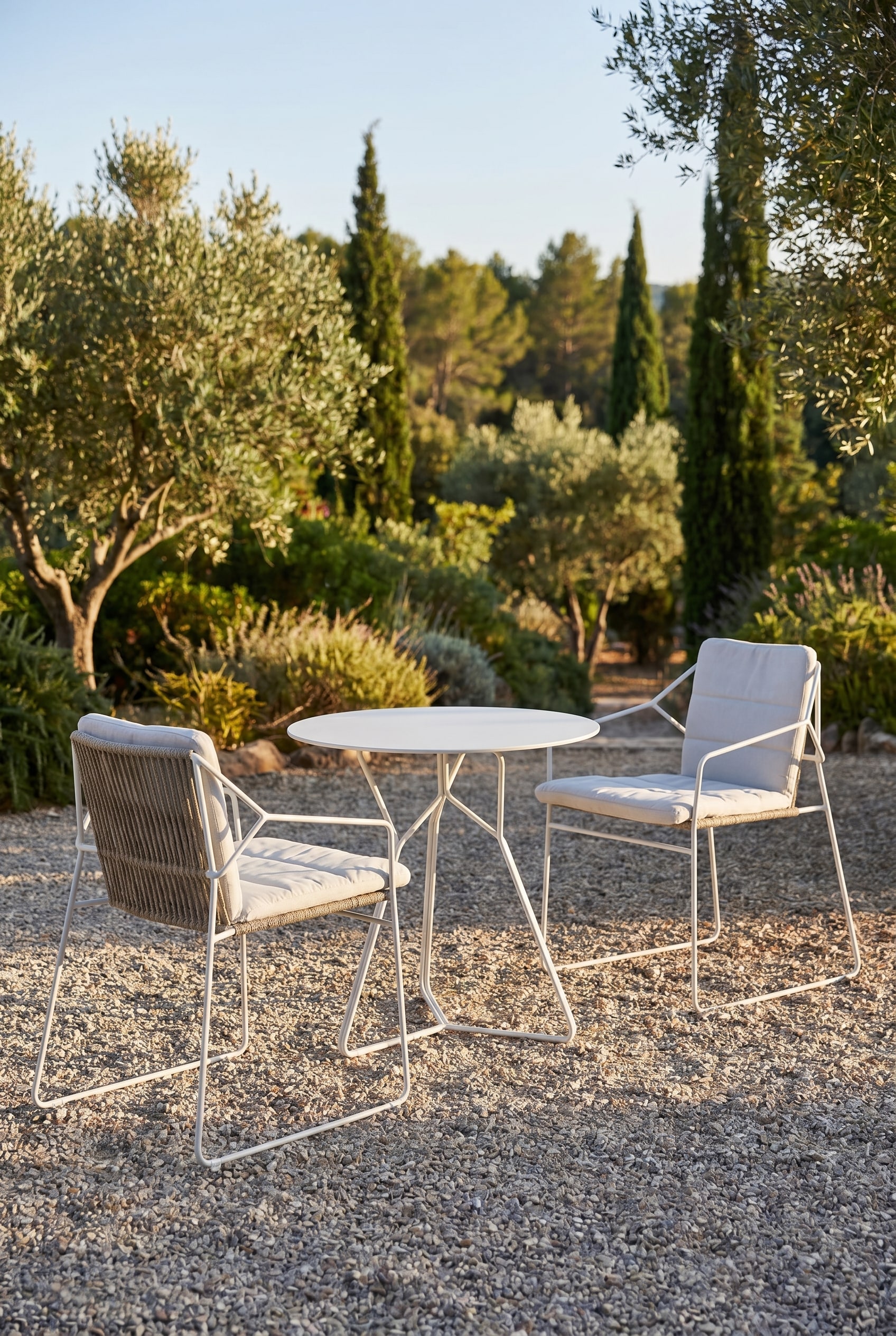 Mediterranean terrace on dry gravel ground with minimalist white garden chairs made of stainless steel and rope weaving