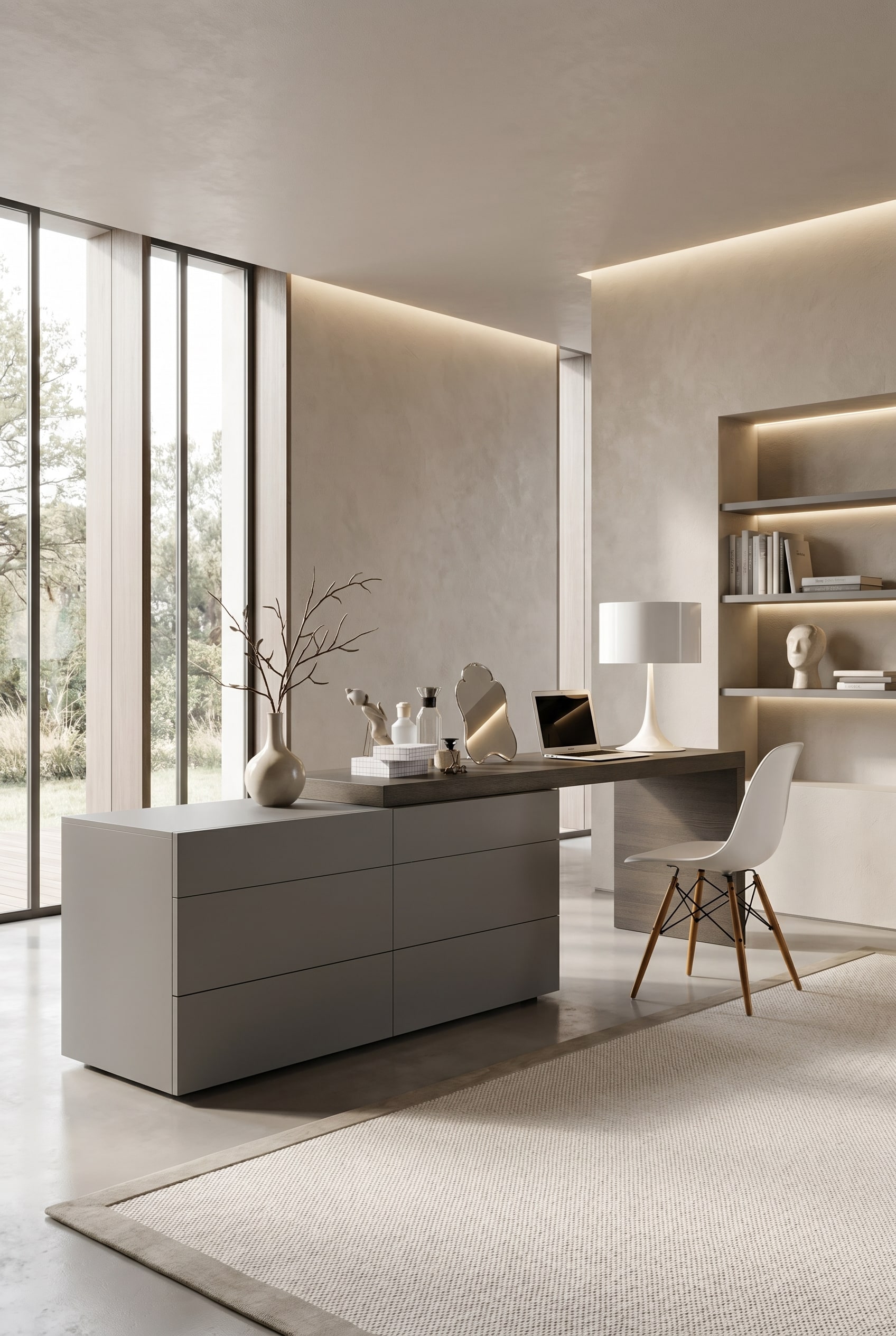 Elegante wei&szlig;e Kommode, die flie&szlig;end in einen Eiche-braunen Schreibtisch &uuml;bergeht, modernes italienisches Design.