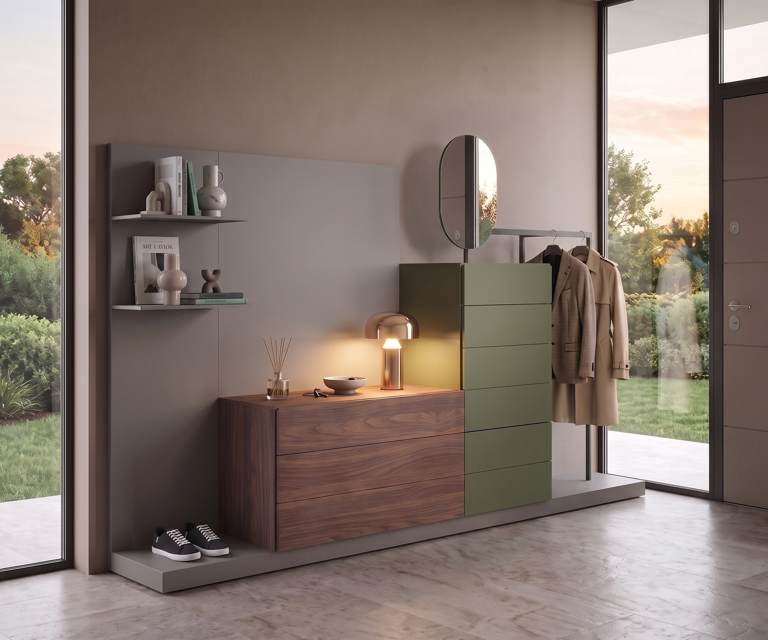 Novamobili Easy 9 Kommode & Flurgarderobe Novamobili Kommode Easy 9 Garderobe für den Flur mit Schubladen in Nussbaum und Grün, modernes modulares Garderobenmöbel.