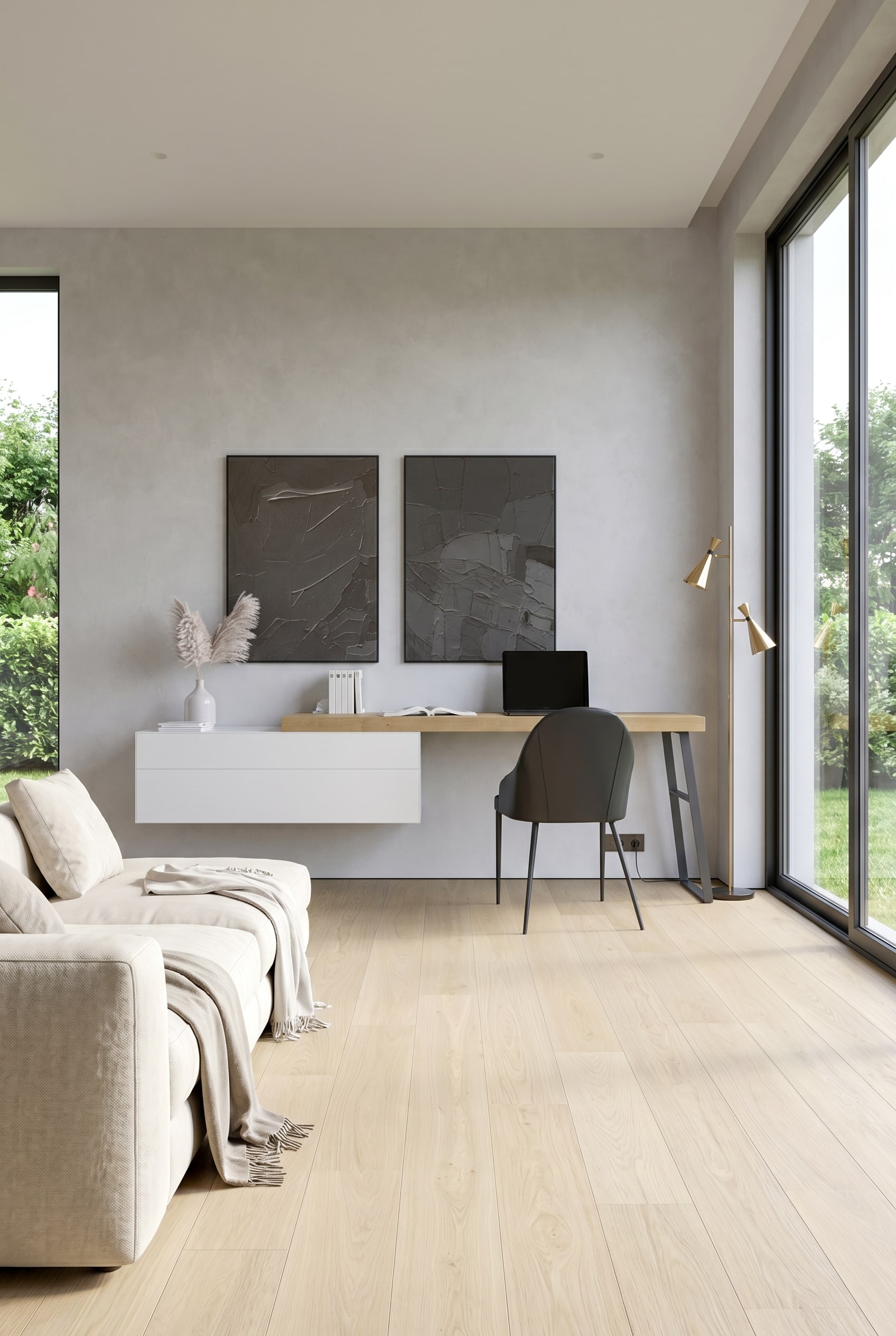 Modern living room with floating wall cabinet in white and black office chair