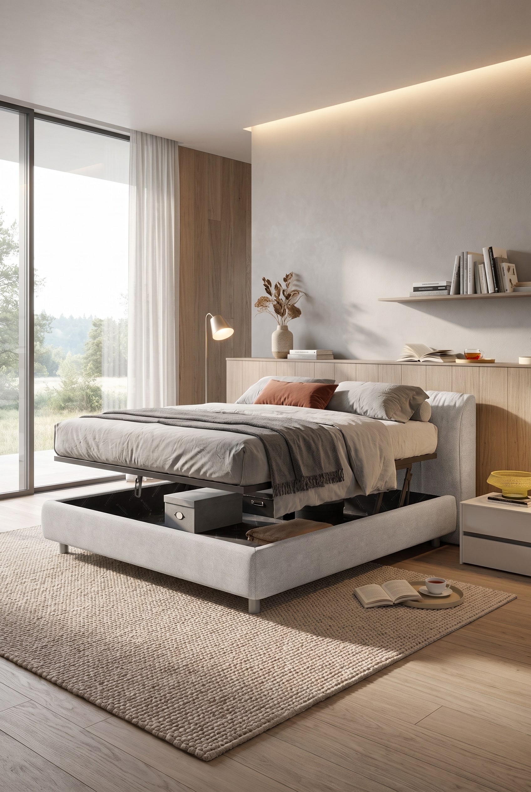 Elegantes Novamobili Polsterbett Belleville mit verdecktem Stauraum in einem hellen, aufgeräumten Schlafzimmer