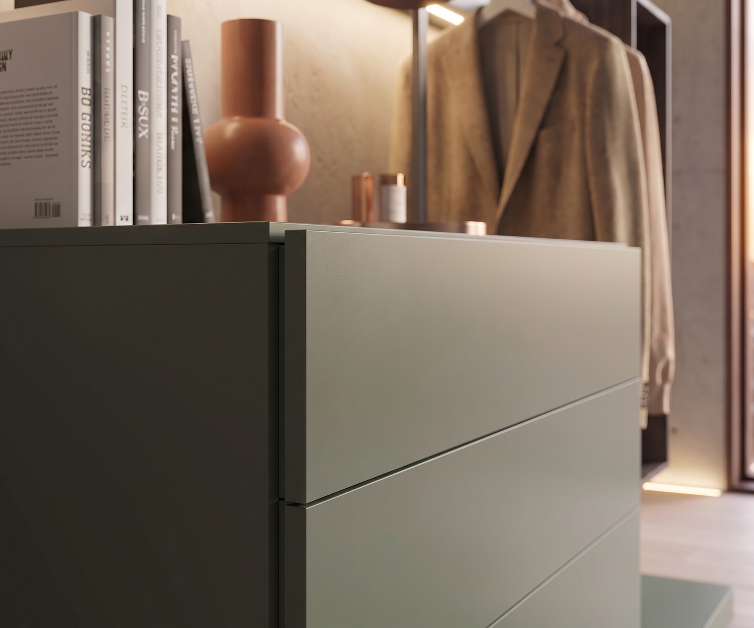Novamobili Design Kommode Easy 4 mit Garderobe in Grün Novamobili Design Kommode Easy 4 mit Garderobe in Grün für Schlafzimmer oder Flur, moderne Schubladen im Detail.