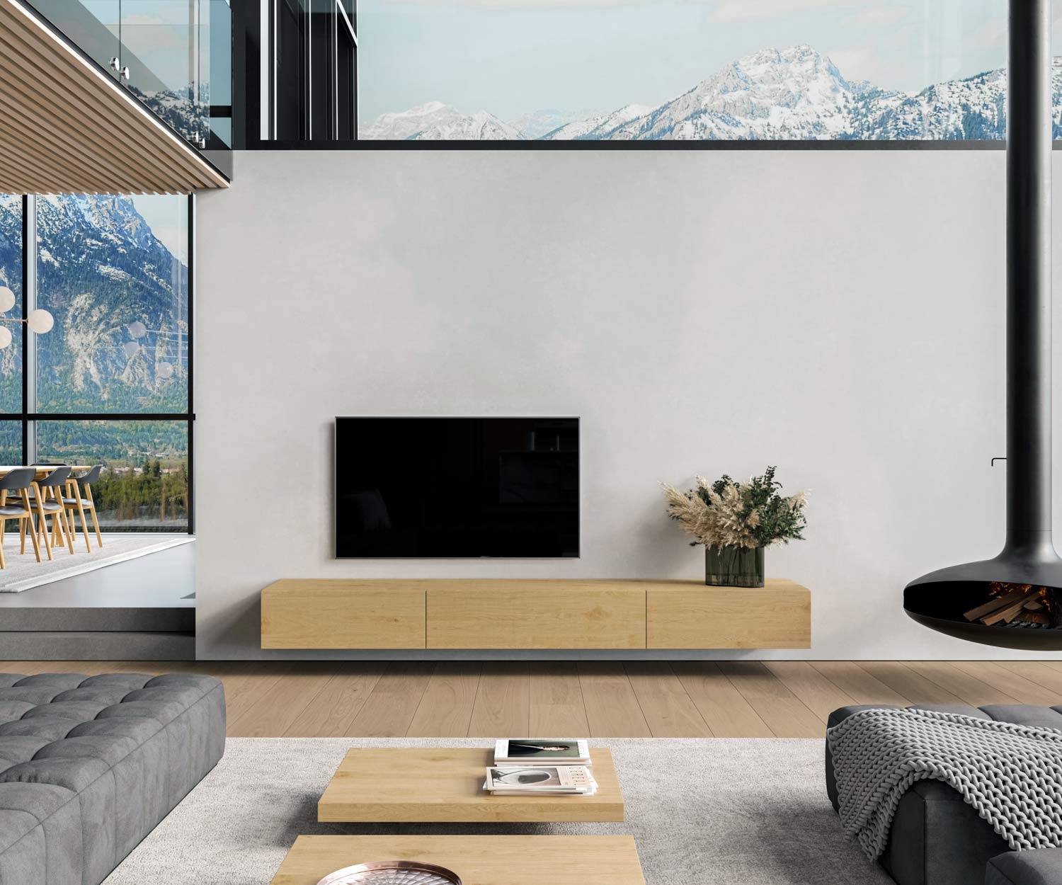 Design Holz TV Lowboard haengend schwebend konfigurator Eiche Natur Hell