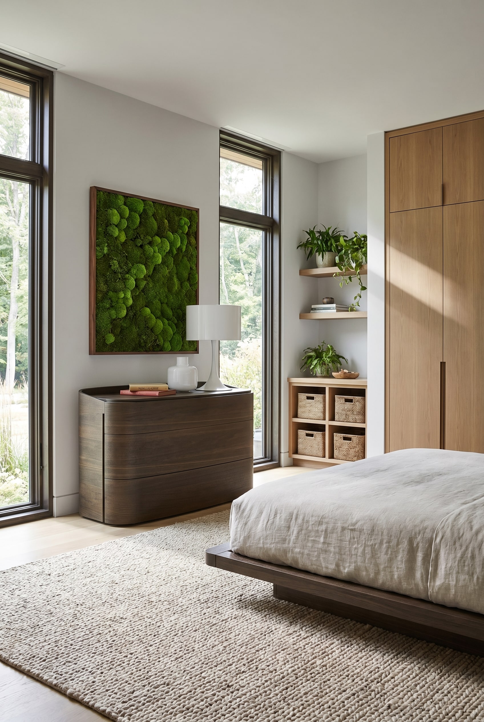 Minimalistisches Schlafzimmer mit dunkelbrauner Kommode mit abgerundeten Ecken, darüber ein Moosbild und eine weiße Tischleuchte