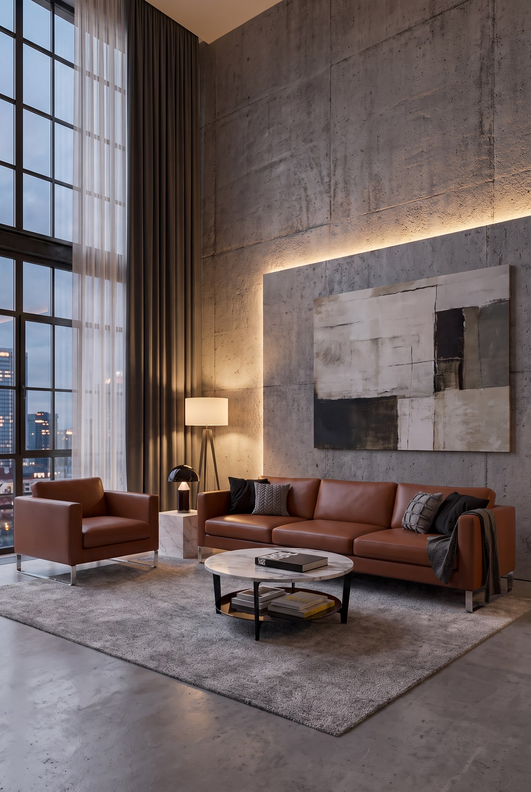 Industrial loft with an exposed concrete wall and a wide brown leather sofa in the center of the room