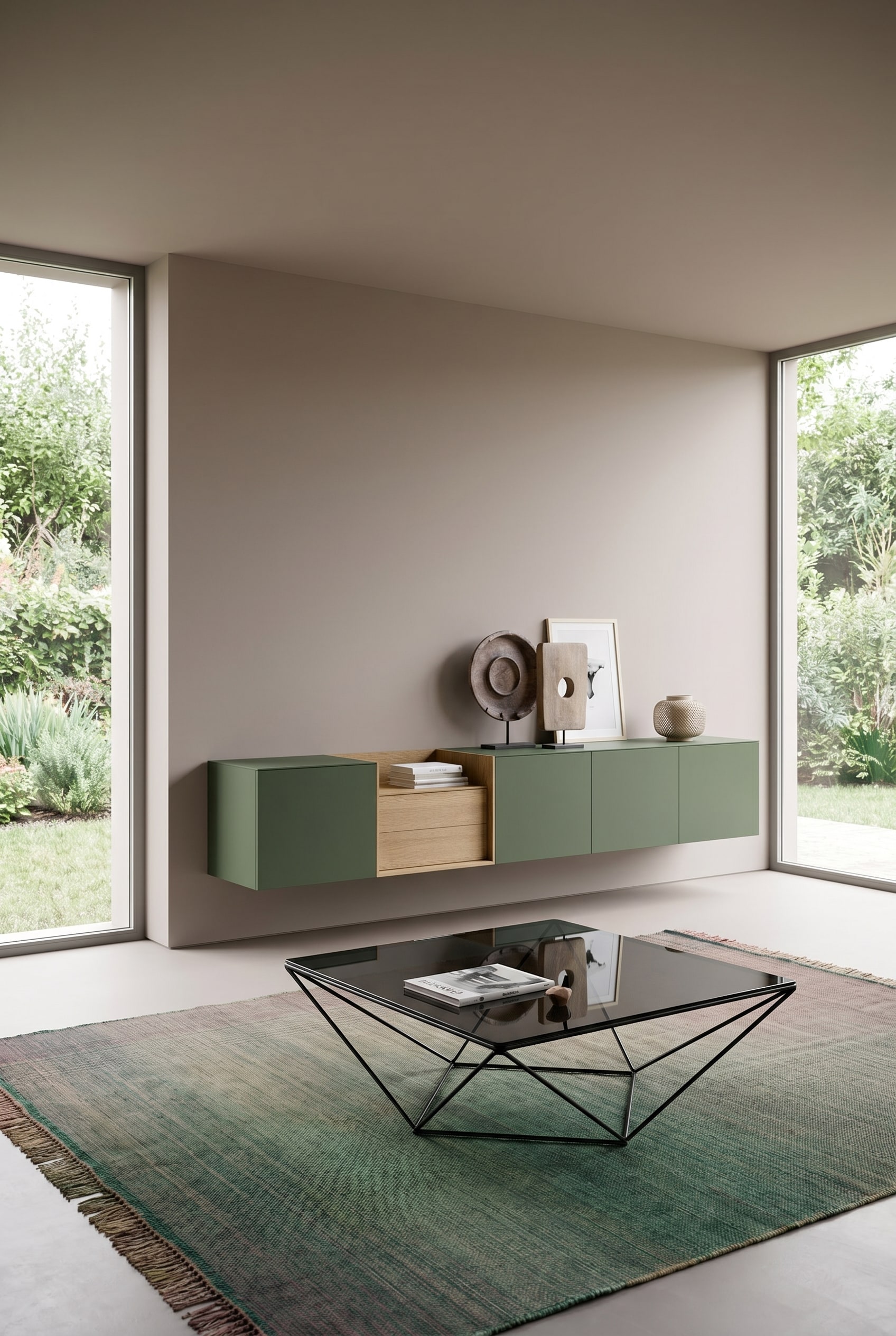 Minimalistisches Wohnzimmer mit nahtlos in Taupe gestrichener Wand und schwebendem Wand Sideboard in mattem Olivgrün