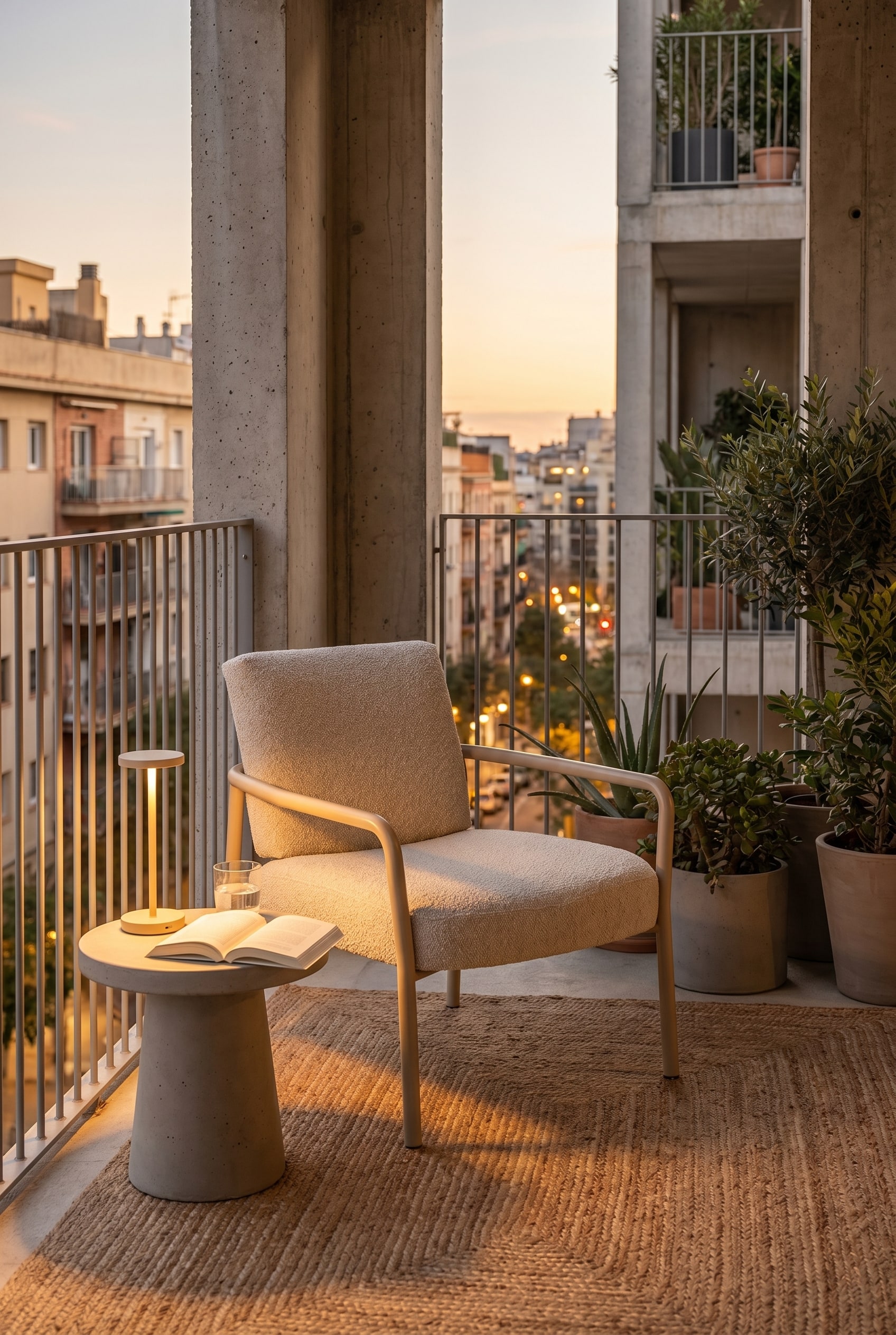 Balkonecke mit einem beigefarbenen Lounge-Sessel, kleinem Beistelltisch und einer warm leuchtenden Akkulampe neben einer Betonwand