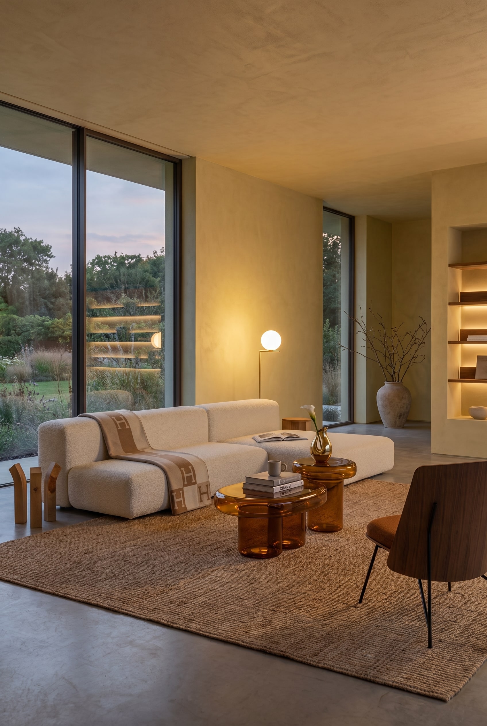 Minimalist living room with a voluminous, asymmetrical fabric sofa in cream and a simple oak side table