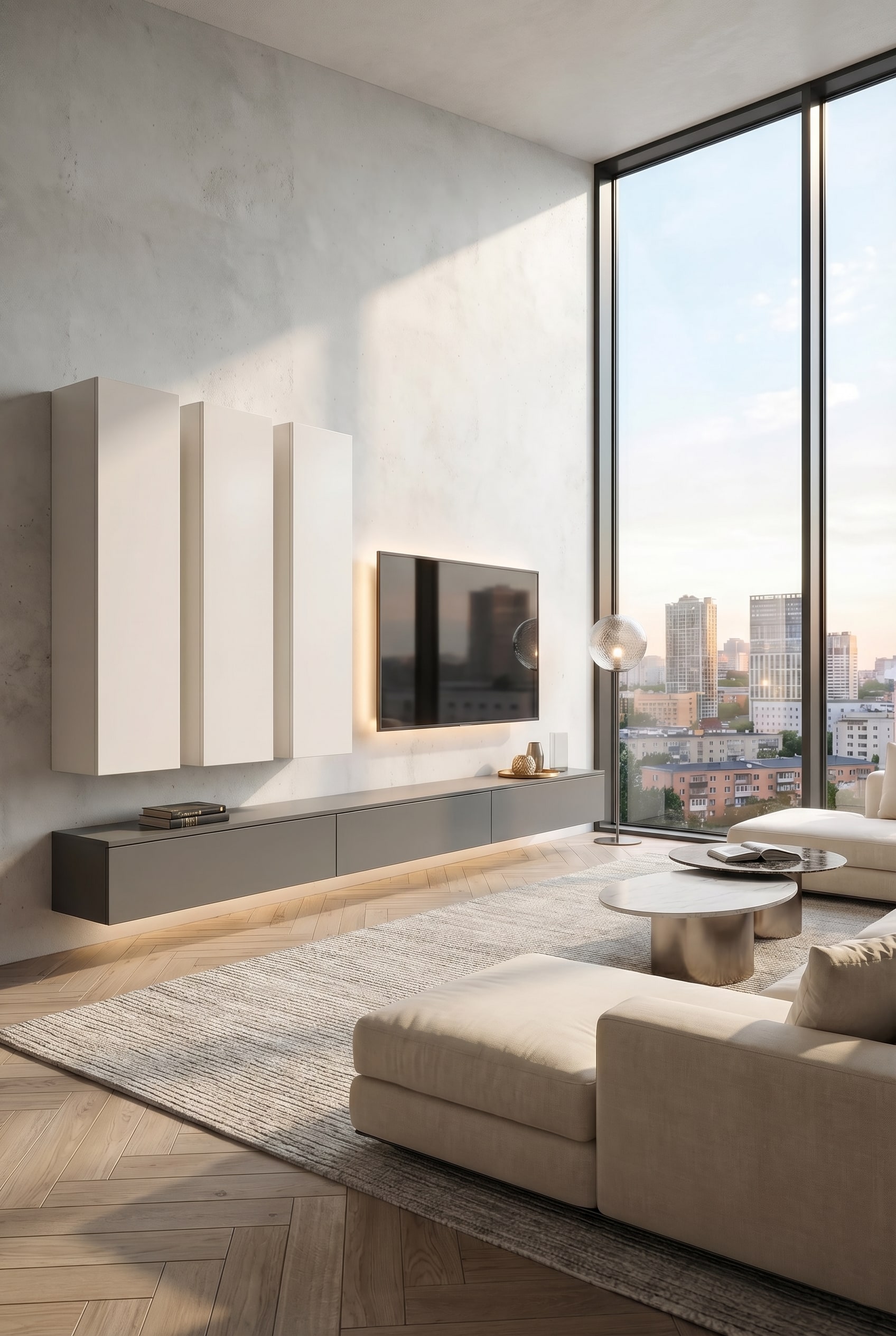 Minimalistische wei&szlig;e Wohnwand C105 im modernen Wohnzimmer mit gro&szlig;en Fenstern und sanftem Tageslicht
