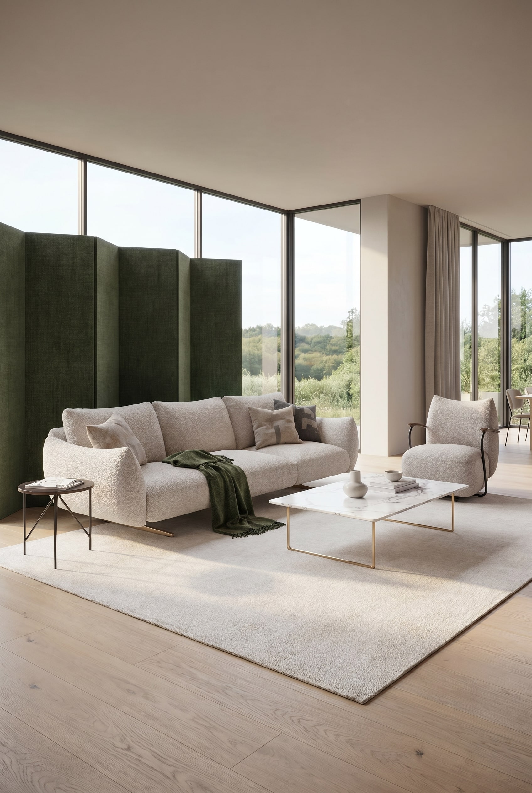 Helles, volumin&ouml;ses Boucl&eacute;-Sofa in einem Wohnzimmer mit dunkelgr&uuml;nen Woll-Plaids, weichem Licht und einem dunkelgr&uuml;nen textilen Paravent im Hintergrund