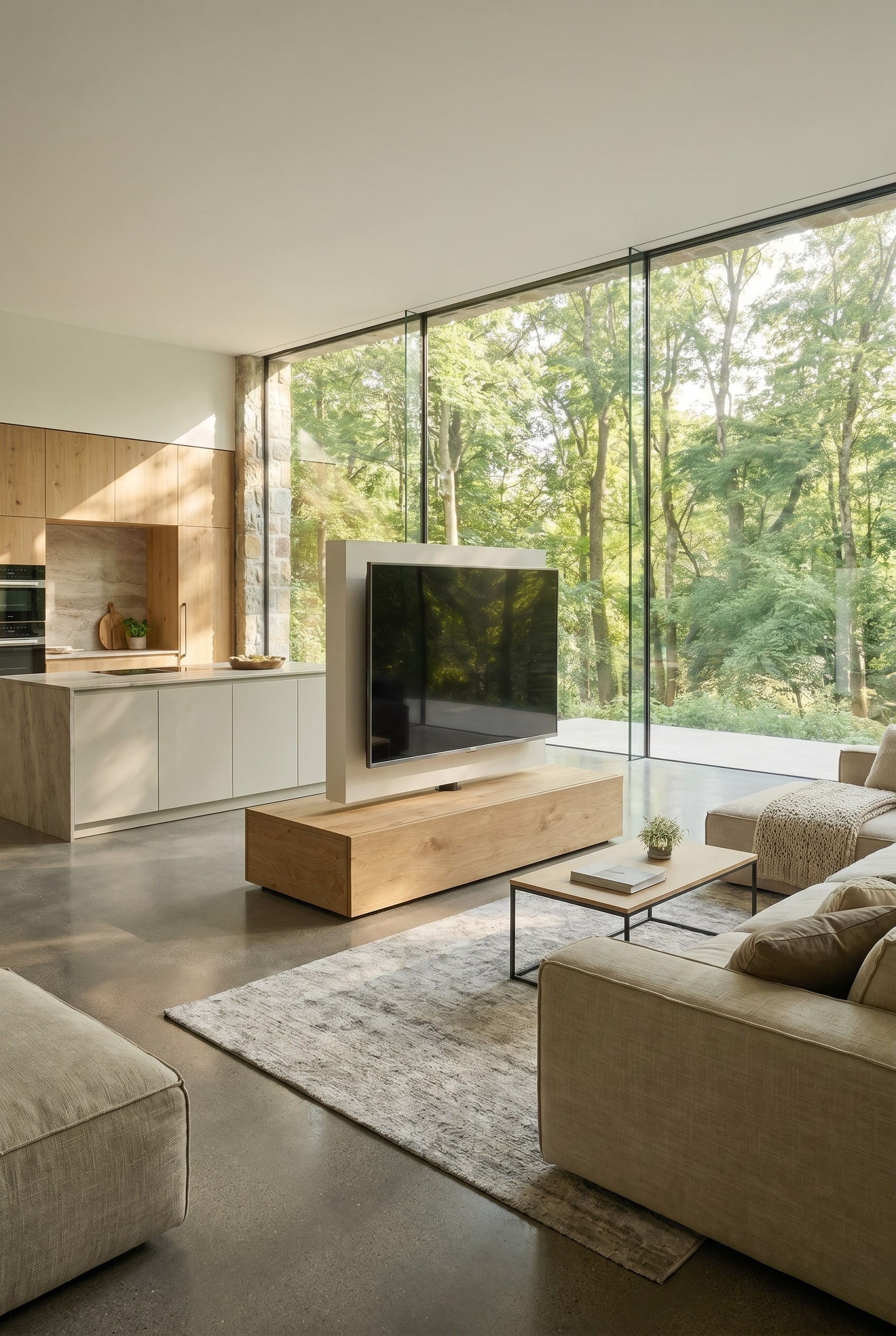 Raumteiler mit schwenkbarem Paneel zwischen Sofa und Kücheninsel in einem Luxus-Loft Raumteiler mit schwenkbarem Paneel zwischen Sofa und Kücheninsel in einem Luxus-Loft