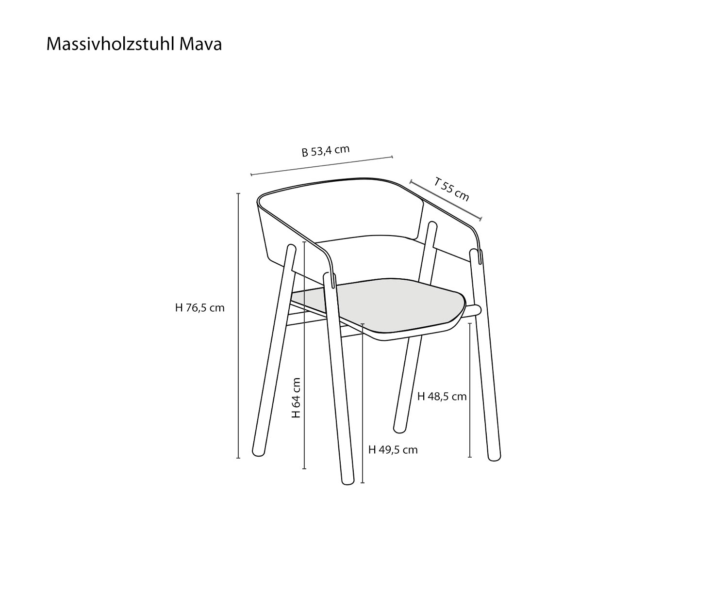 Designer Holzstuhl Mava von Punt Skizze Maße Größen Größenangaben