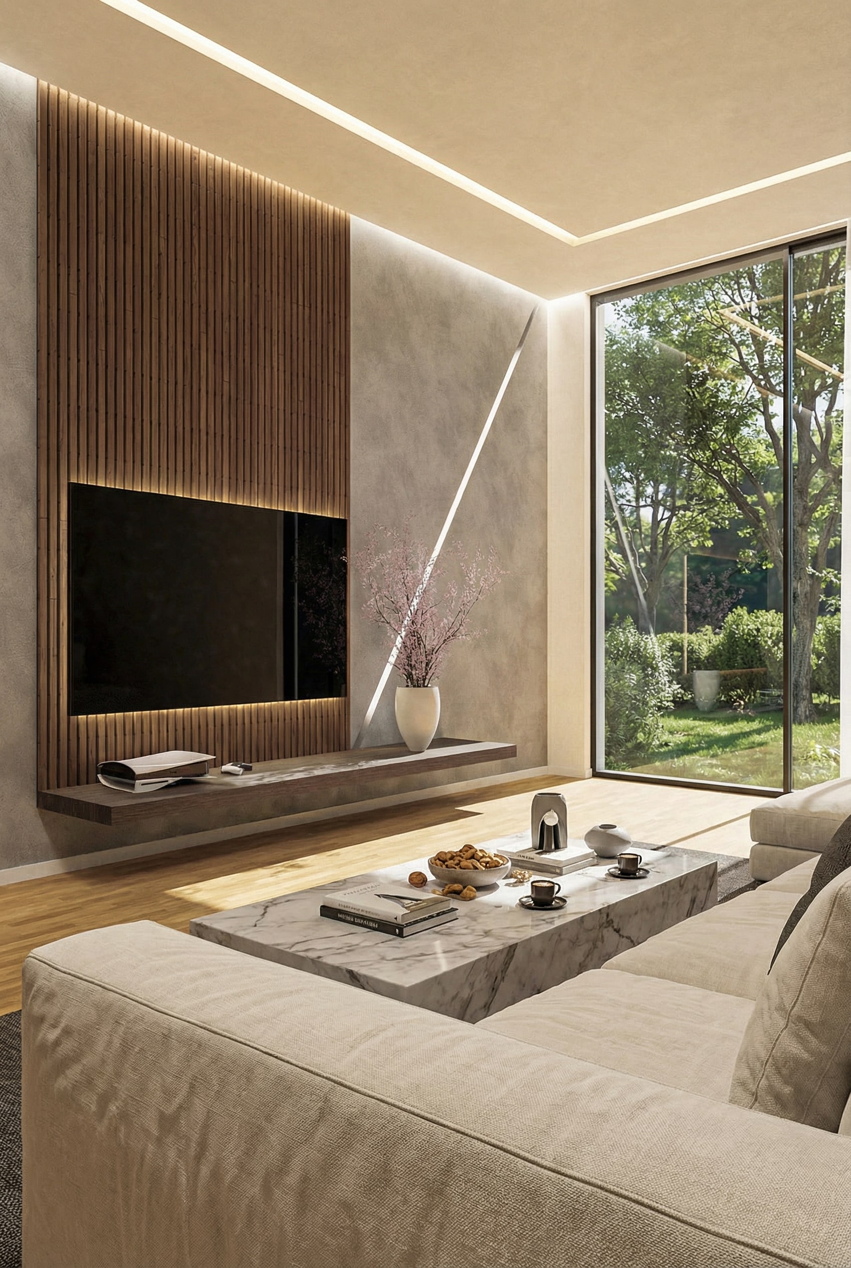 TV Wandboard mit eleganter Holzhintergrundplatte