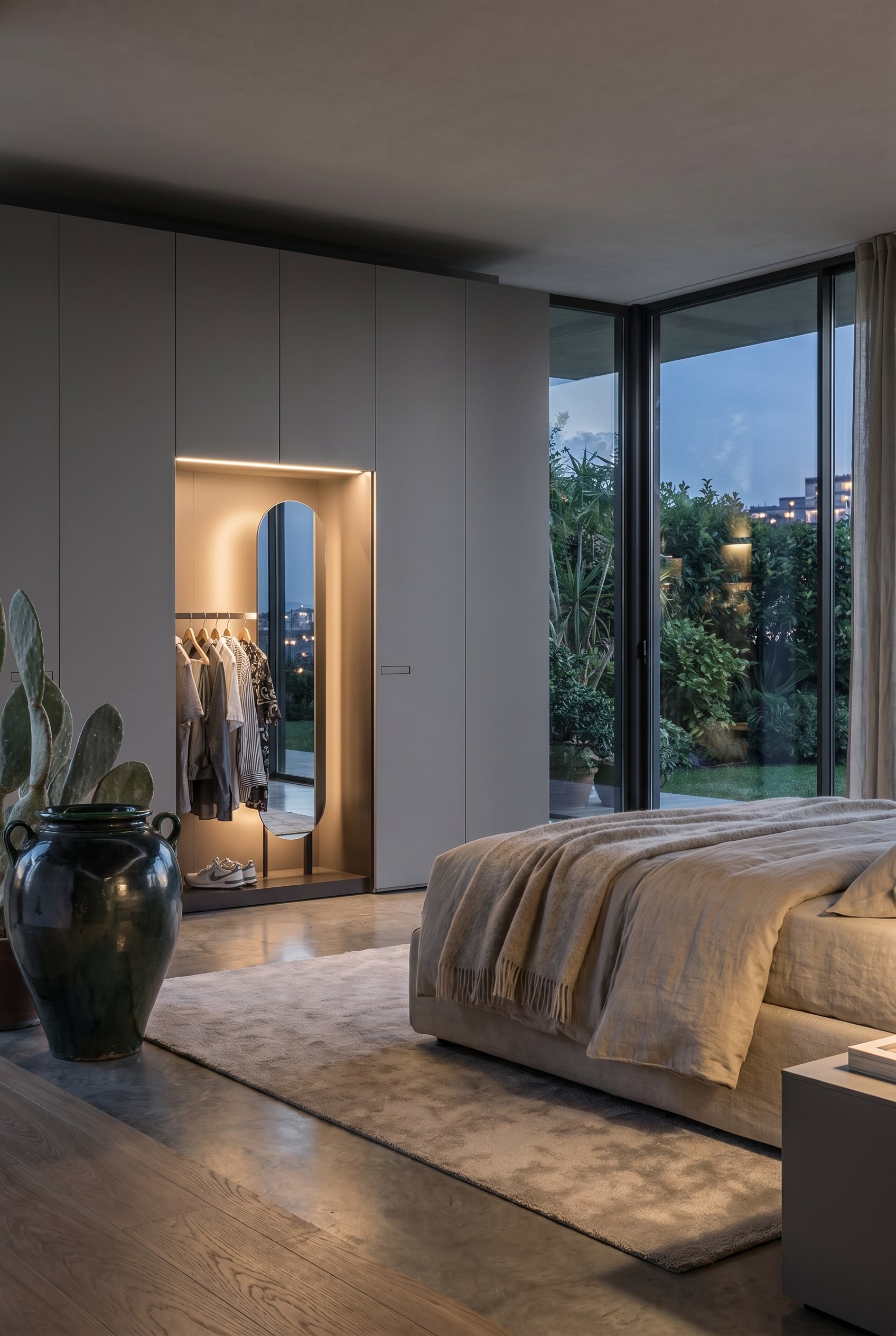 Large grey wardrobe with an integrated open compartment in the center, featuring a clothes rail, an oval wall mirror, and sneakers placed on the floor