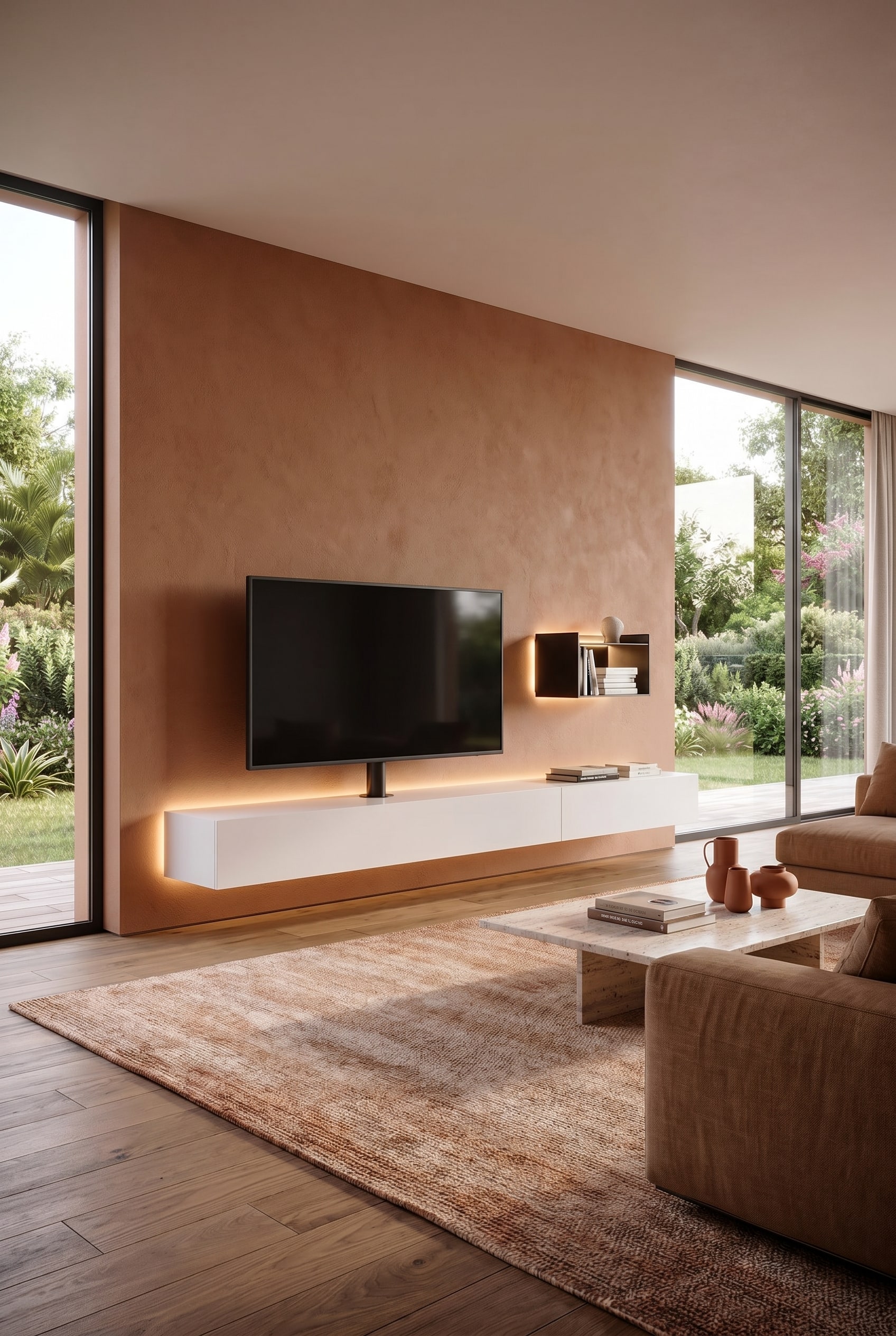 Minimalistisches weißes Lowboard mit integrierter TV-Halterung und flachem Bildschirm an einer Erdtöne-Wand