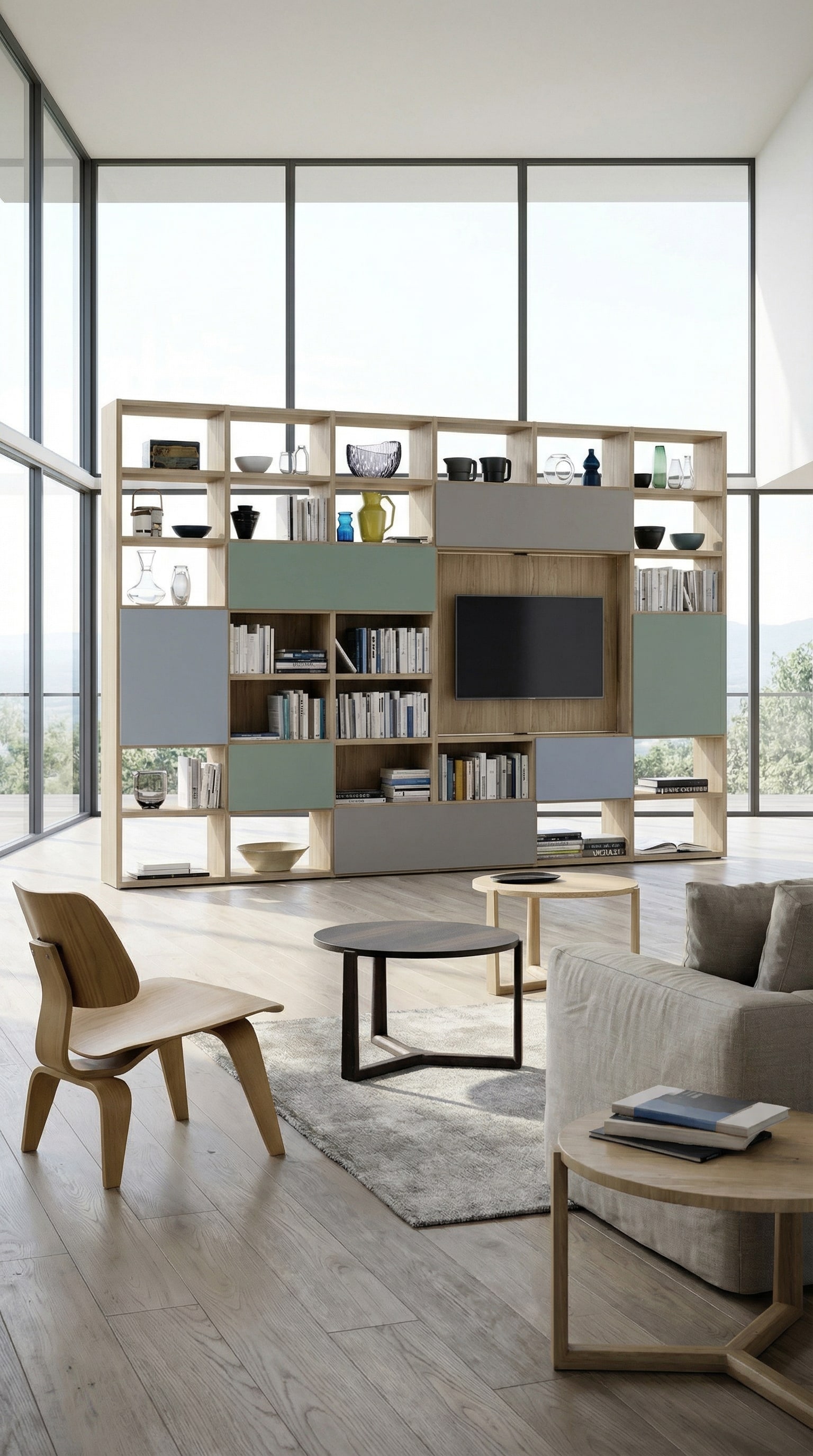 Modulares Bücherregal mit integriertem TV und versteckter Technik Modulares Bücherregal mit integriertem TV und versteckter Technik
