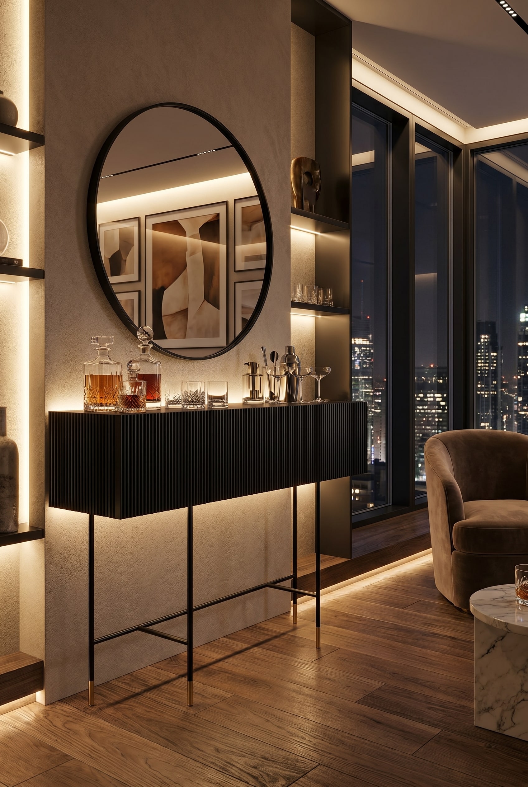Kompaktes Wohnzimmer mit schmalem, schwarzem Bar-Sideboard mit Rillenstruktur auf hohen, filigranen Metallfüßen
