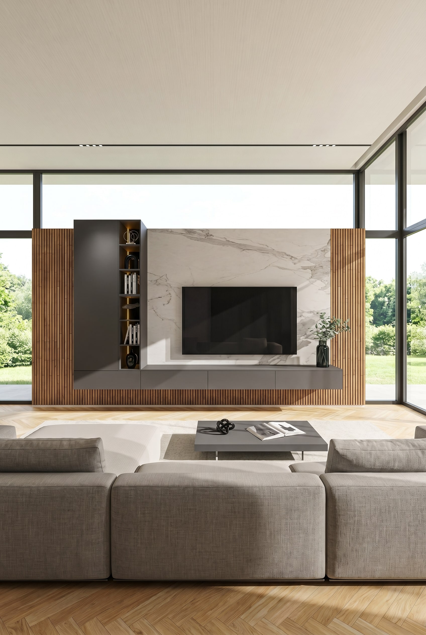 Luxurious living room with grey wall unit, asymmetrical shelf, marble back panel and wooden slats