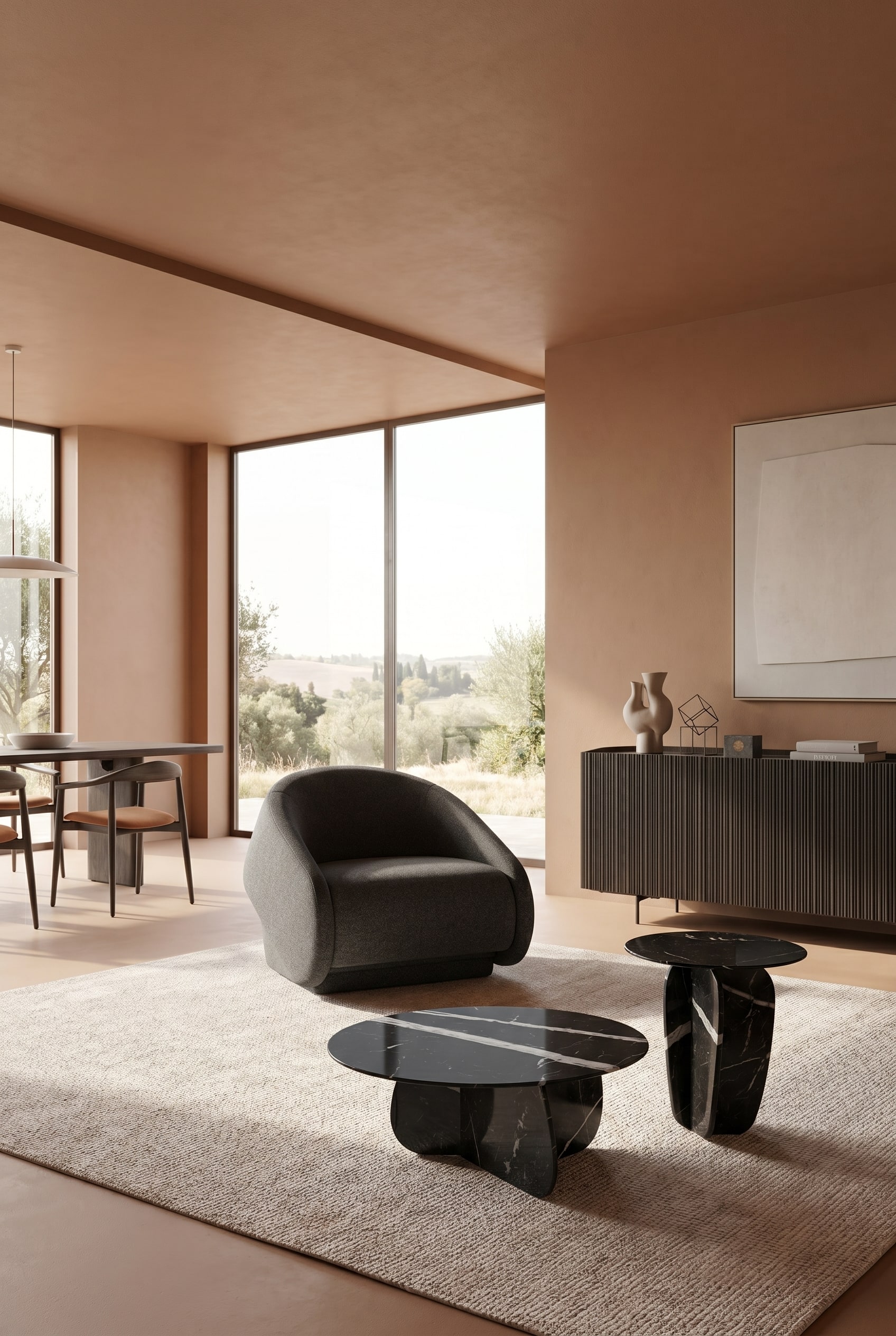 Offener Wohnbereich mit monochromer Farbgestaltung in warmem Lehmton und dunklem Highboard mit Riffel-Front