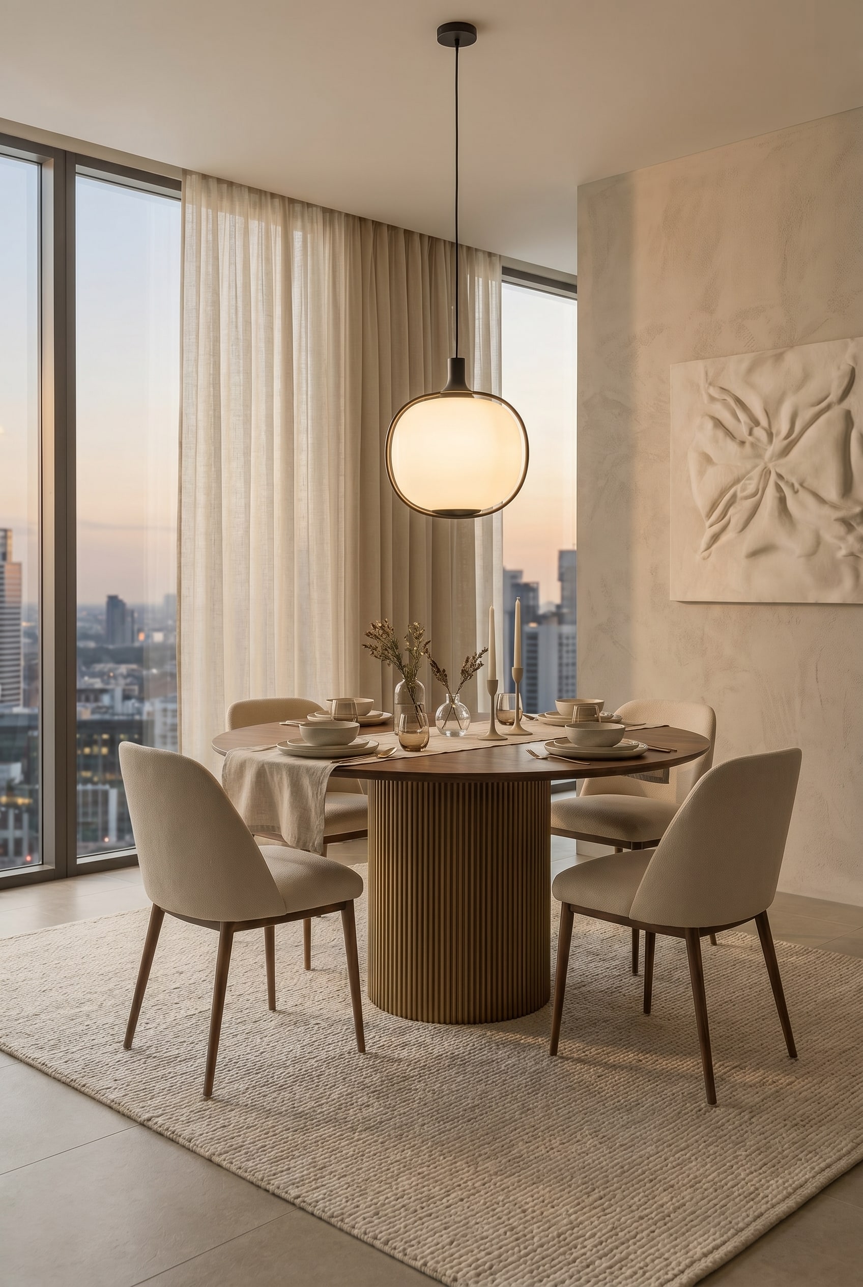 Round dining table made of walnut wood with a vertically fluted central pedestal, surrounded by cozy, heavily upholstered beige chairs