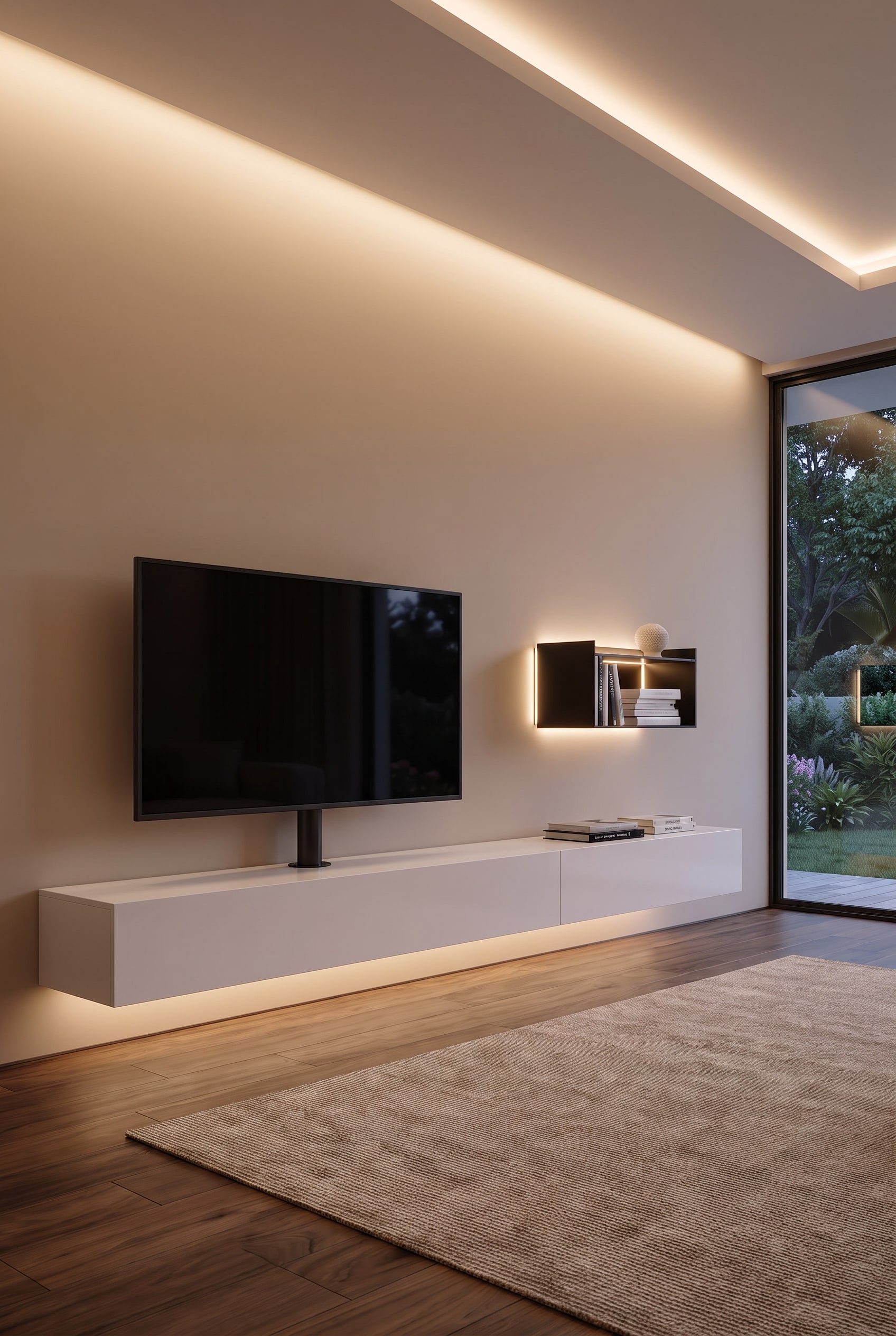 Minimalistisches Lowboard mit integrierter TV-Halterung, völlig kabelfrei, matte Oberfläche im aufgeräumten Wohnzimmer Minimalistisches Lowboard mit integrierter TV-Halterung, völlig kabelfrei, matte Oberfläche im aufgeräumten Wohnzimmer