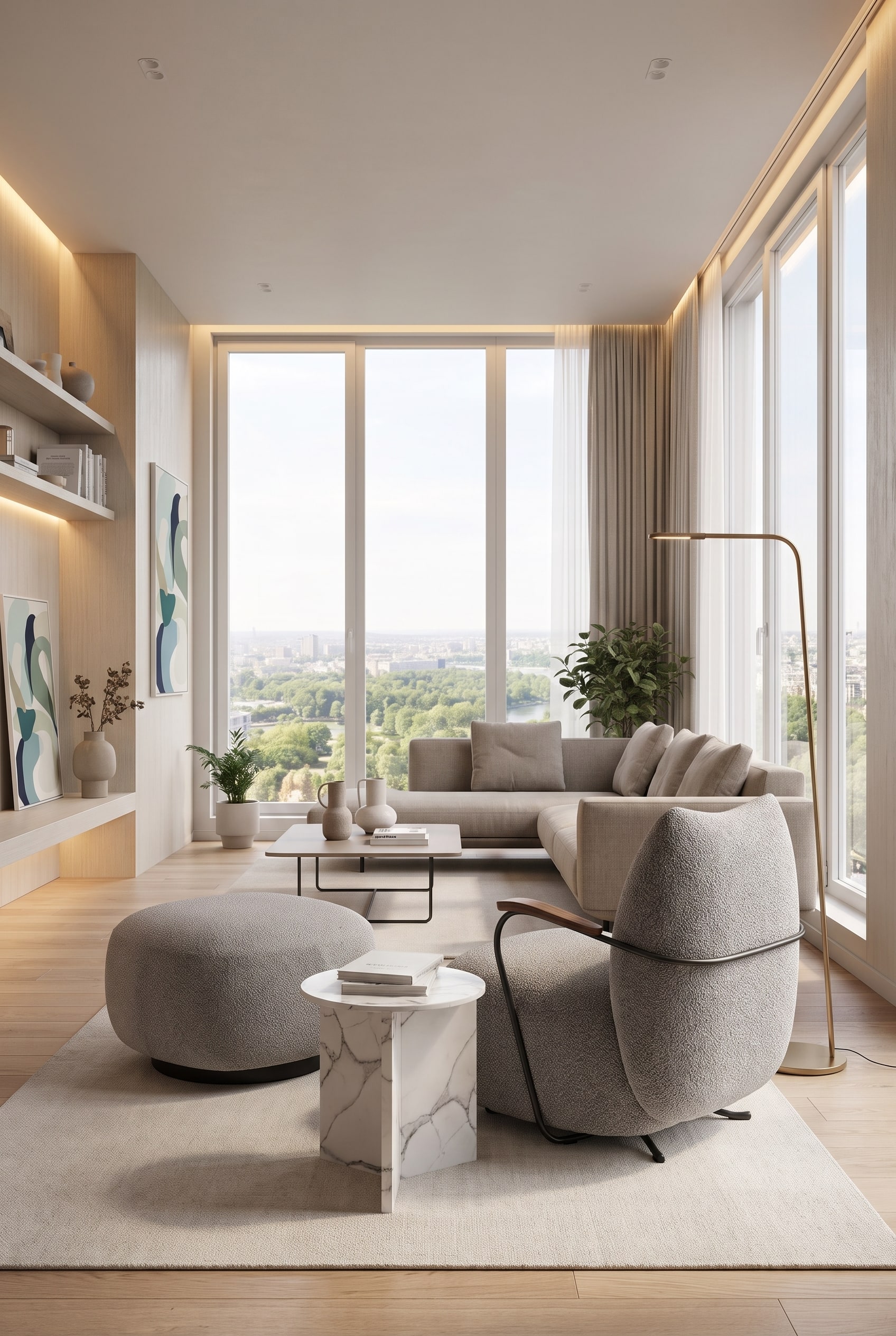 View into a small, modernly furnished living room, where the compact Prostoria Buffa armchair stands freely in the room.