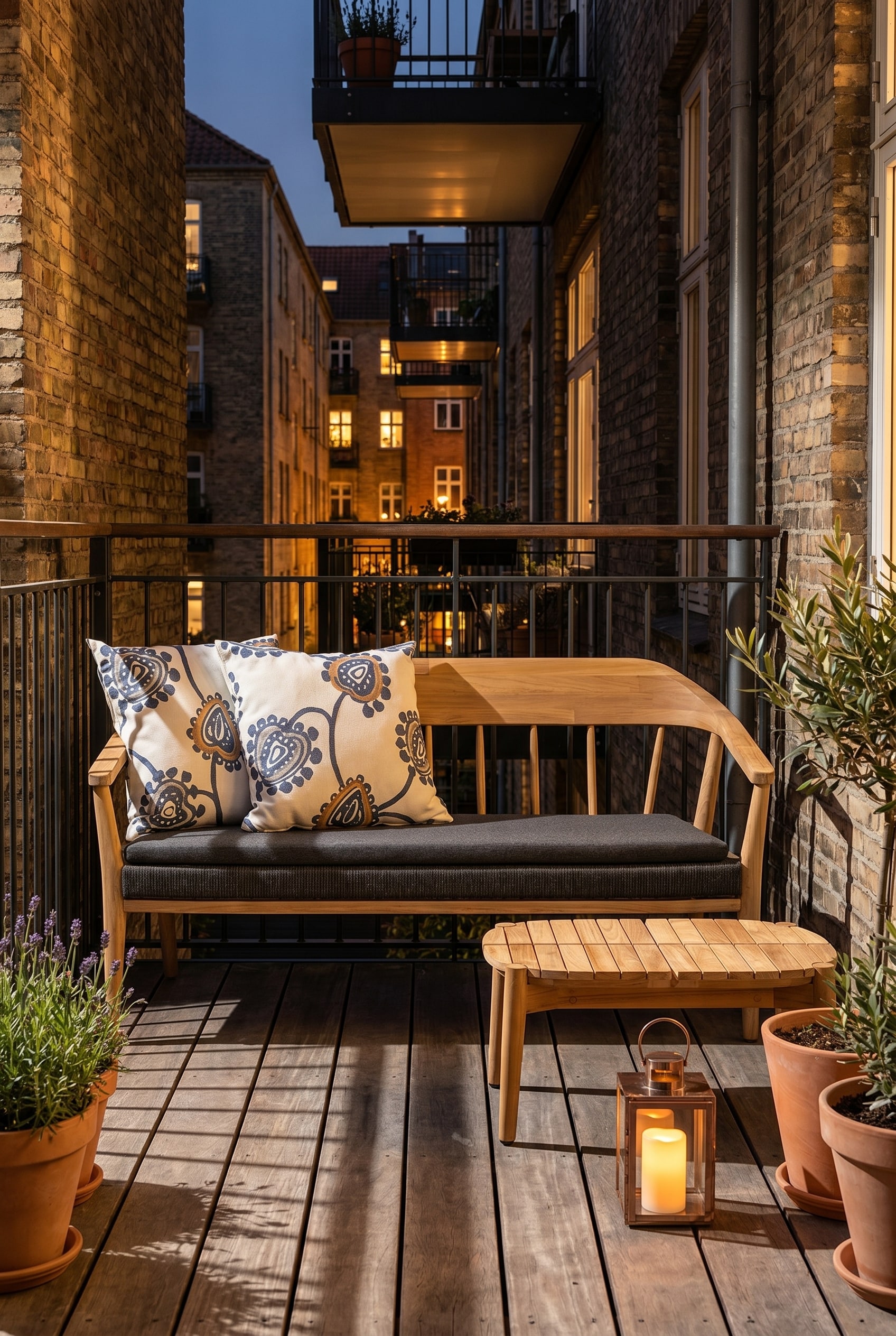 Schmaler Balkon mit einem kompakten Zweisitzer-Sofa aus Holz mit grauen Polstern an der kurzen Wandseite positioniert