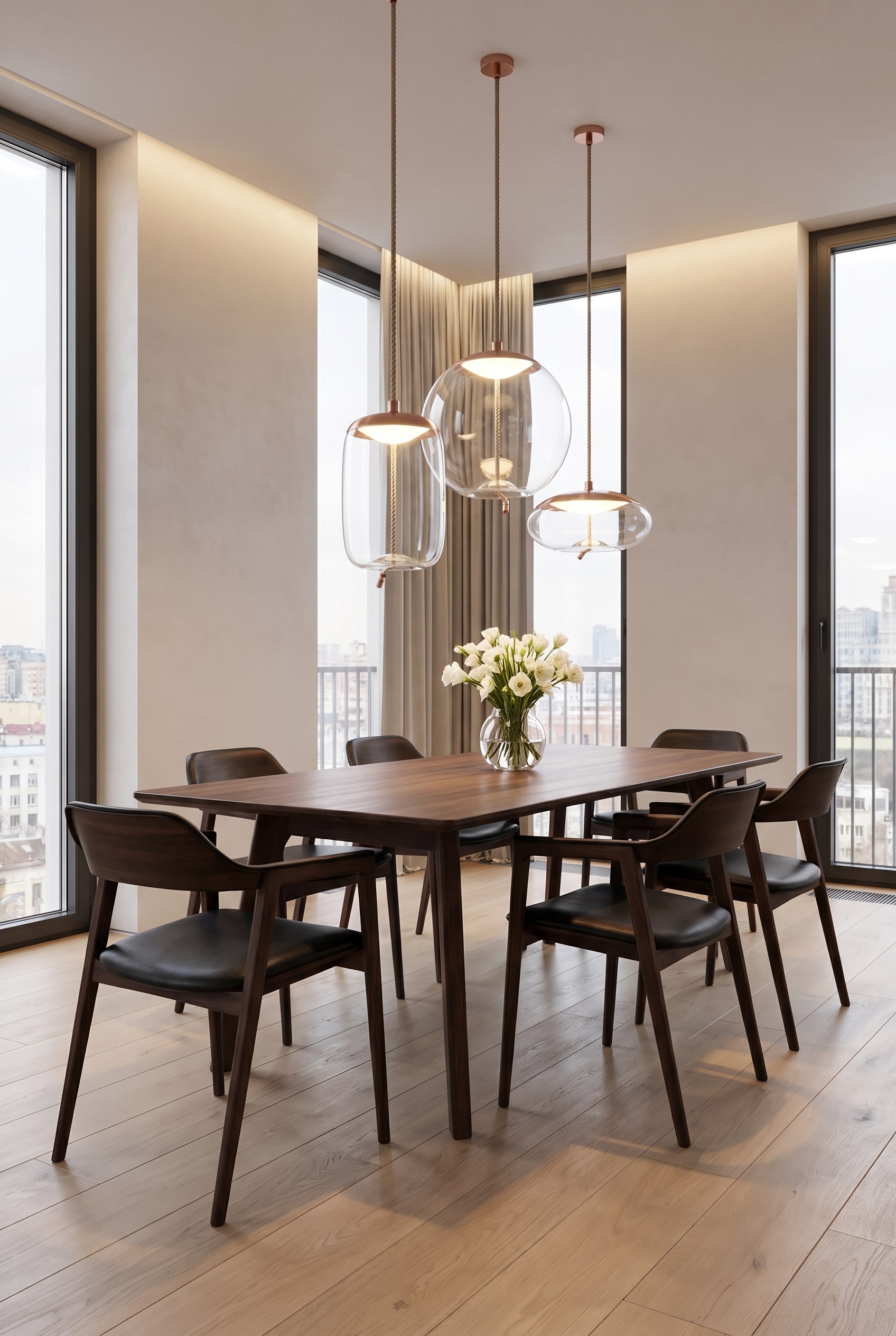 Spacious dining room with a dark walnut table and a dominant wooden armchair with an upholstered seat at the head.