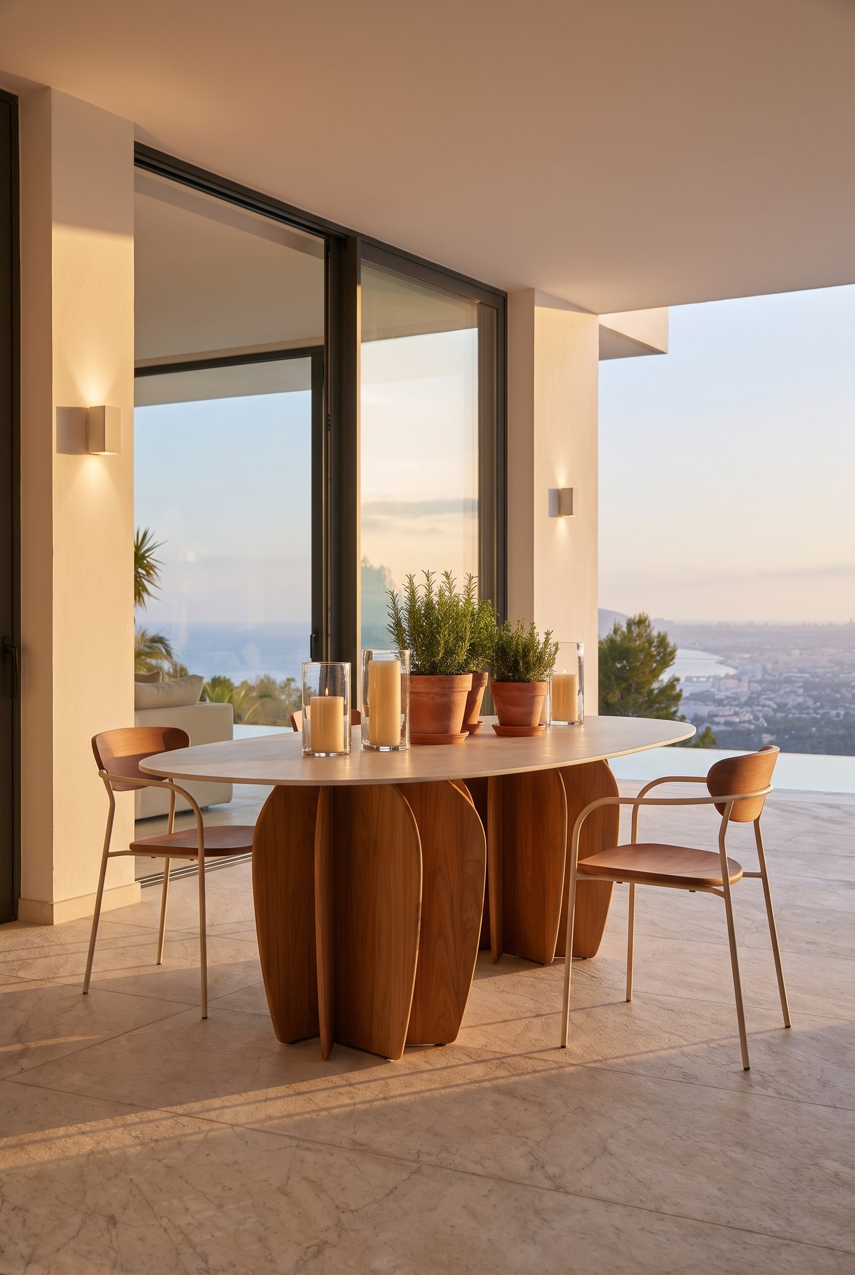 Sunny terrace with an oval wooden outdoor table, heavy terracotta pots, and matching wooden chairs