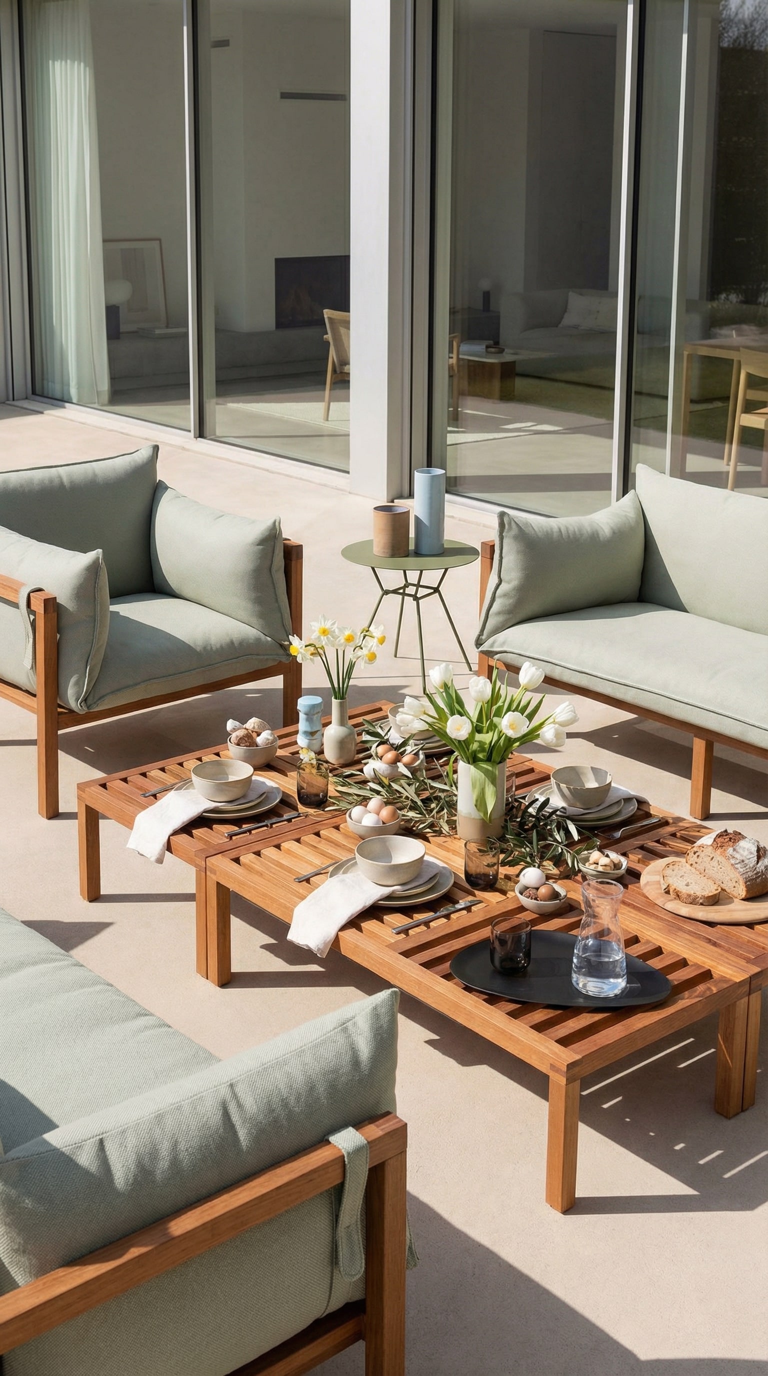 Niedriger massiver Outdoor Beistelltisch aus Holz neben gemütlichen Loungekissen Niedriger massiver Outdoor Beistelltisch aus Holz neben gemütlichen Loungekissen