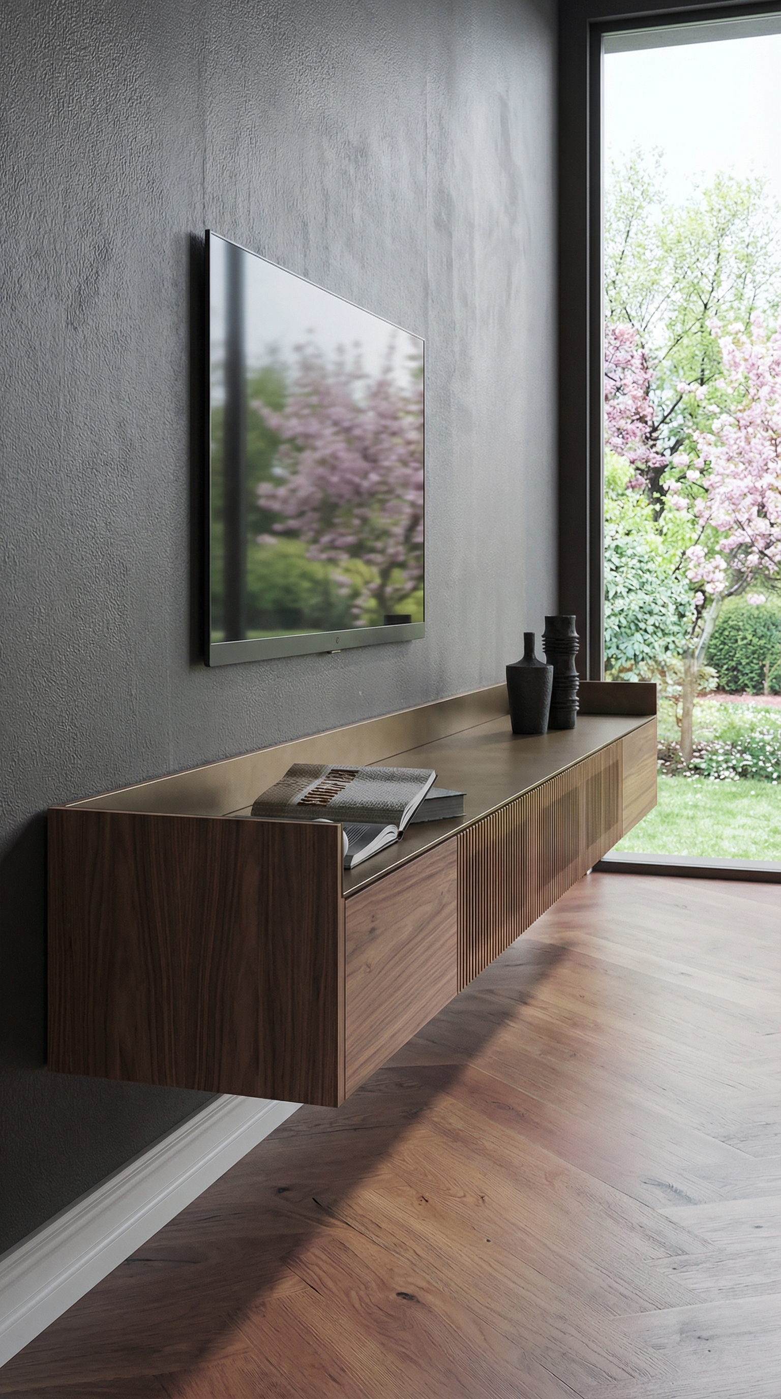 Punt Stockholm Slim Sideboard h&auml;ngend in Walnuss mit Bronze Abdeckung in modernem Ambiente
