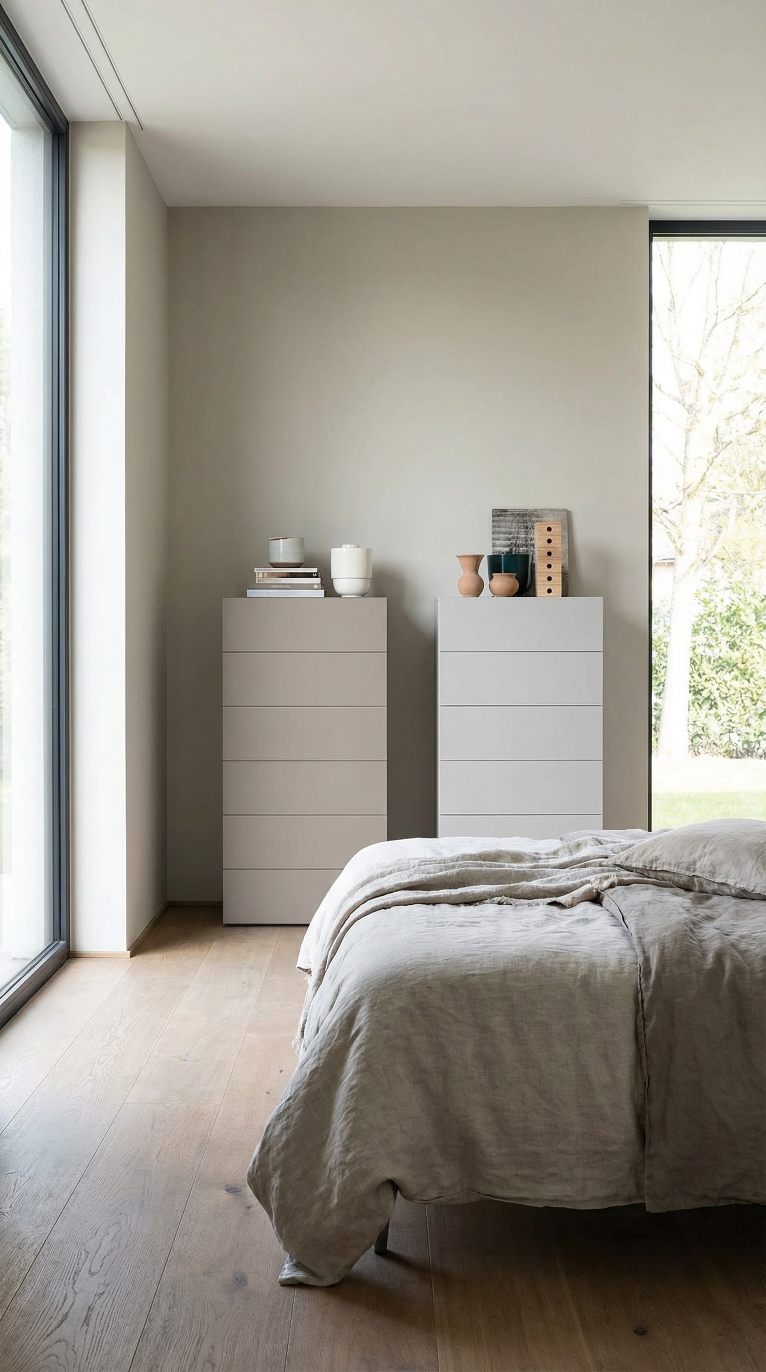 Zwei elegante, schmale Hochkommoden in einem modernen Schlafzimmer, die optisch an eine grazile Skyline erinnern und den Raum luftig wirken lassen. Zwei elegante, schmale Hochkommoden in einem modernen Schlafzimmer, die optisch an eine grazile Skyline erinnern und den Raum luftig wirken lassen.
