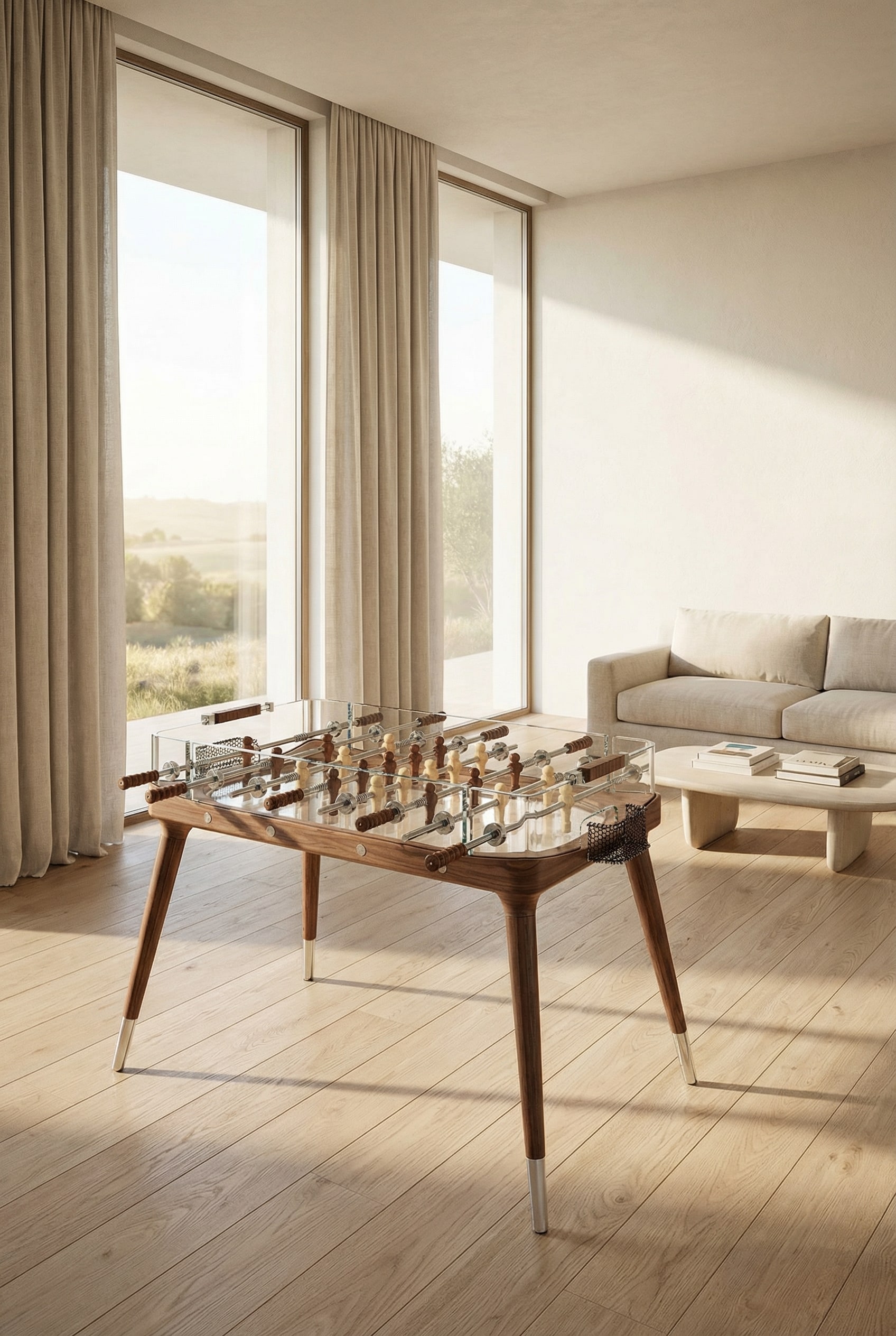 Ein transparenter Designer-Tischkicker aus Kristallglas in einem lichtdurchfluteten, modernen Wohnzimmer mit großen Fensterfronten. Ein transparenter Designer-Tischkicker aus Kristallglas in einem lichtdurchfluteten, modernen Wohnzimmer mit großen Fensterfronten.