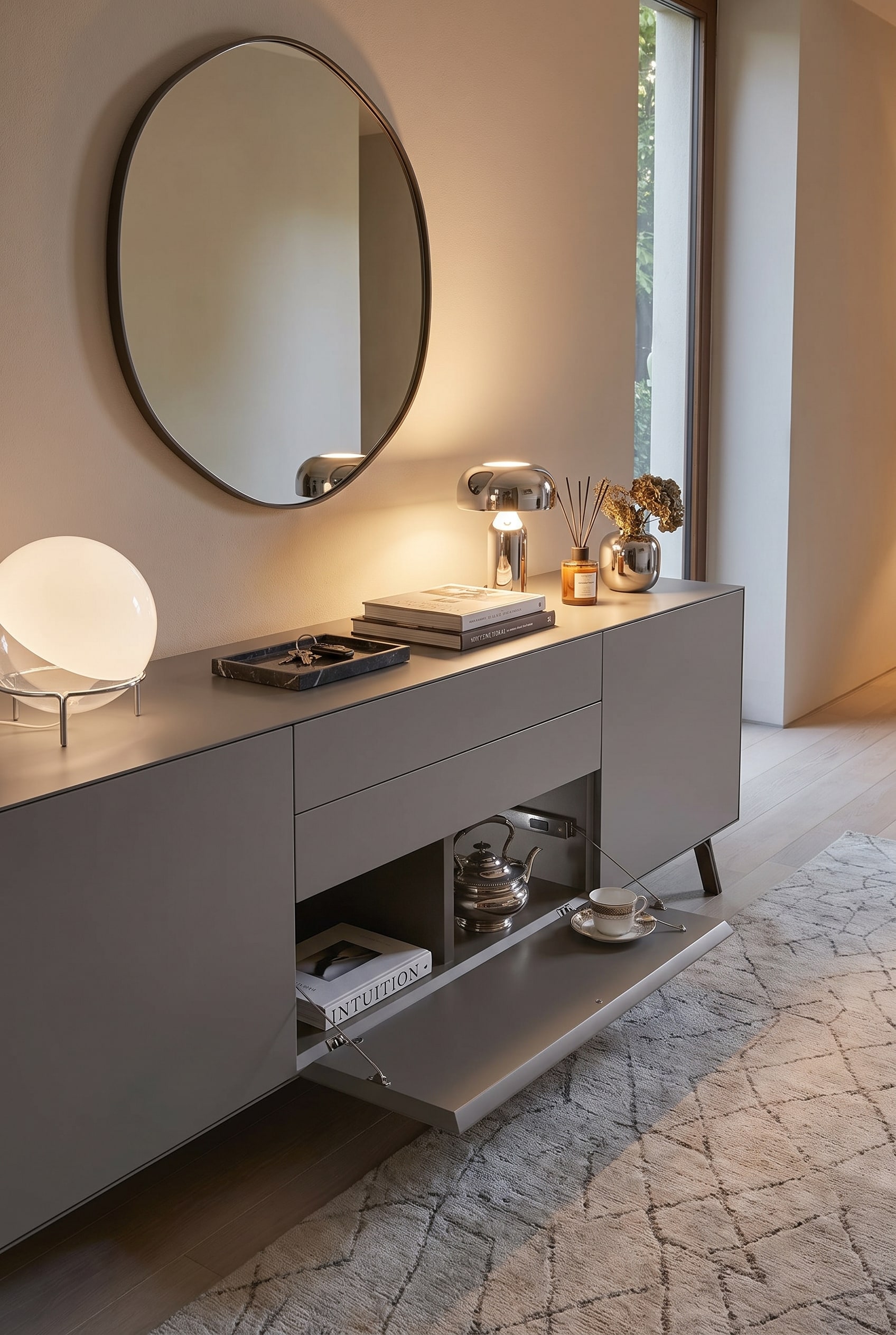 Ge&ouml;ffnete Klappe eines grauen Design-Sideboards, im Inneren ist ein silbernes Teeset mit Tasse auf einem Fachboden platziert.