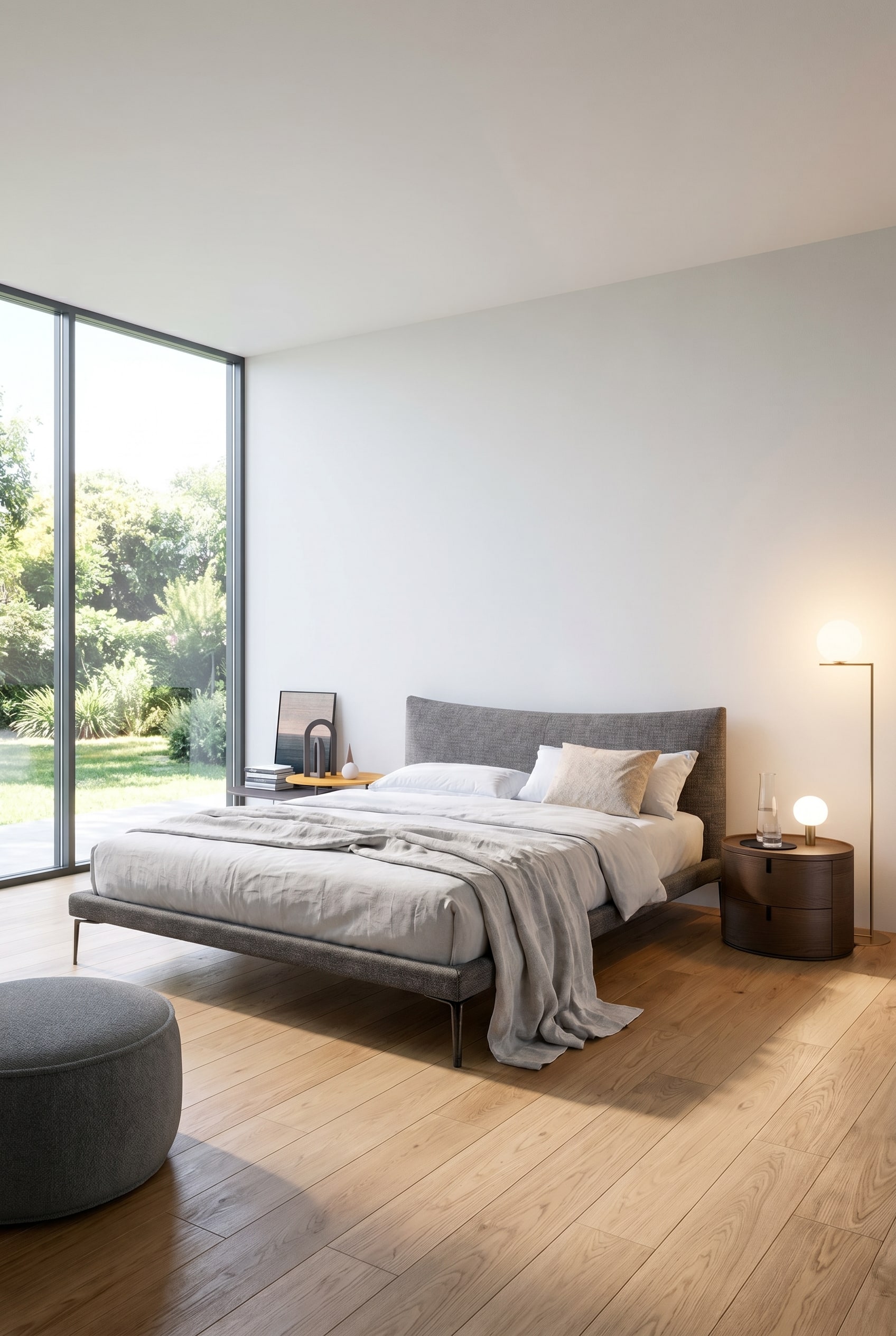 Schlafzimmer mit einem auf filigranen Füssen stehenden Bett in Grau, großen Fenstern und einer Stehleuchte mit warmem Licht