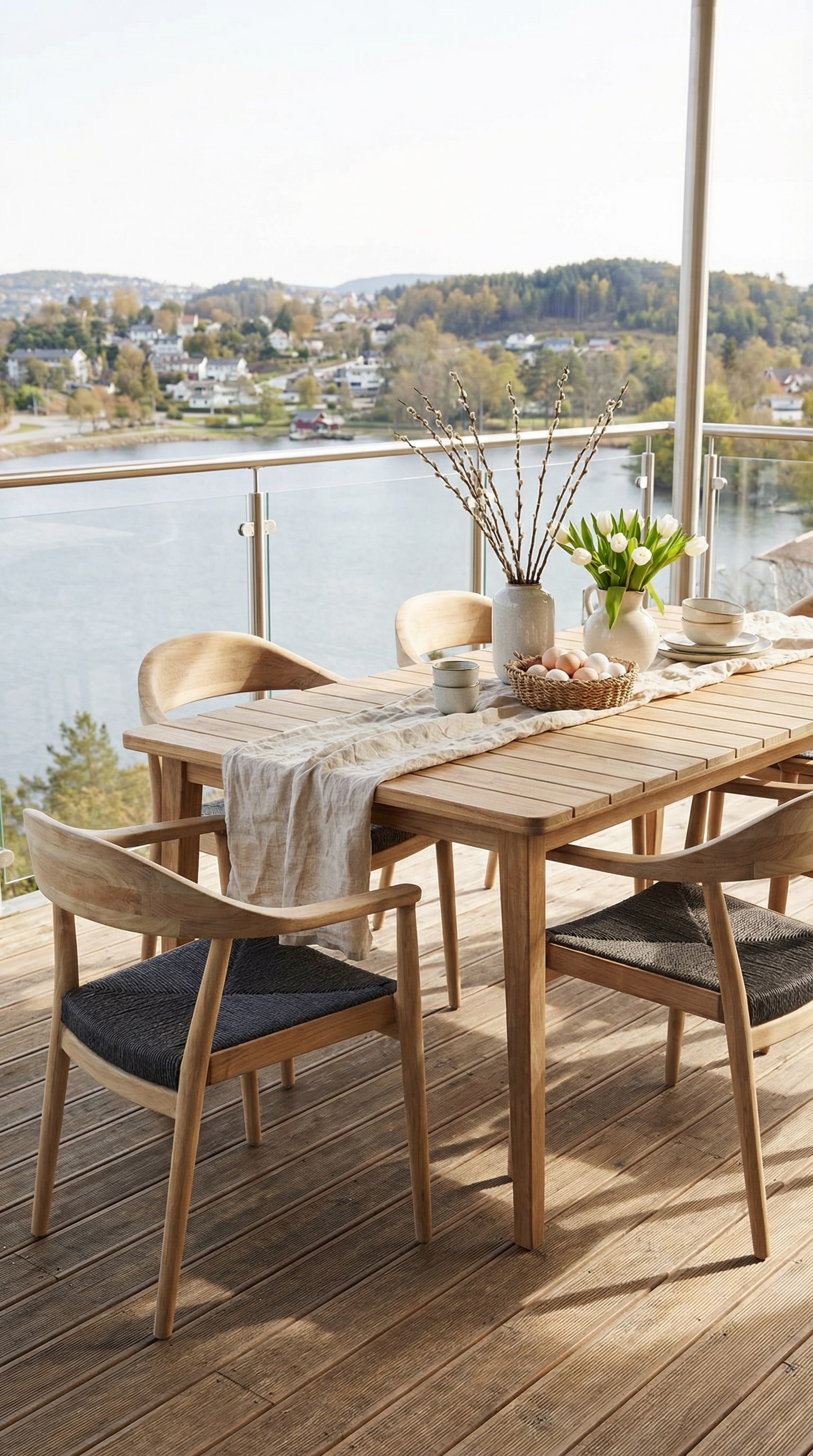 Skandinavischer Gartentisch aus massivem Holz auf einer Terrasse Skandinavischer Gartentisch aus massivem Holz auf einer Terrasse