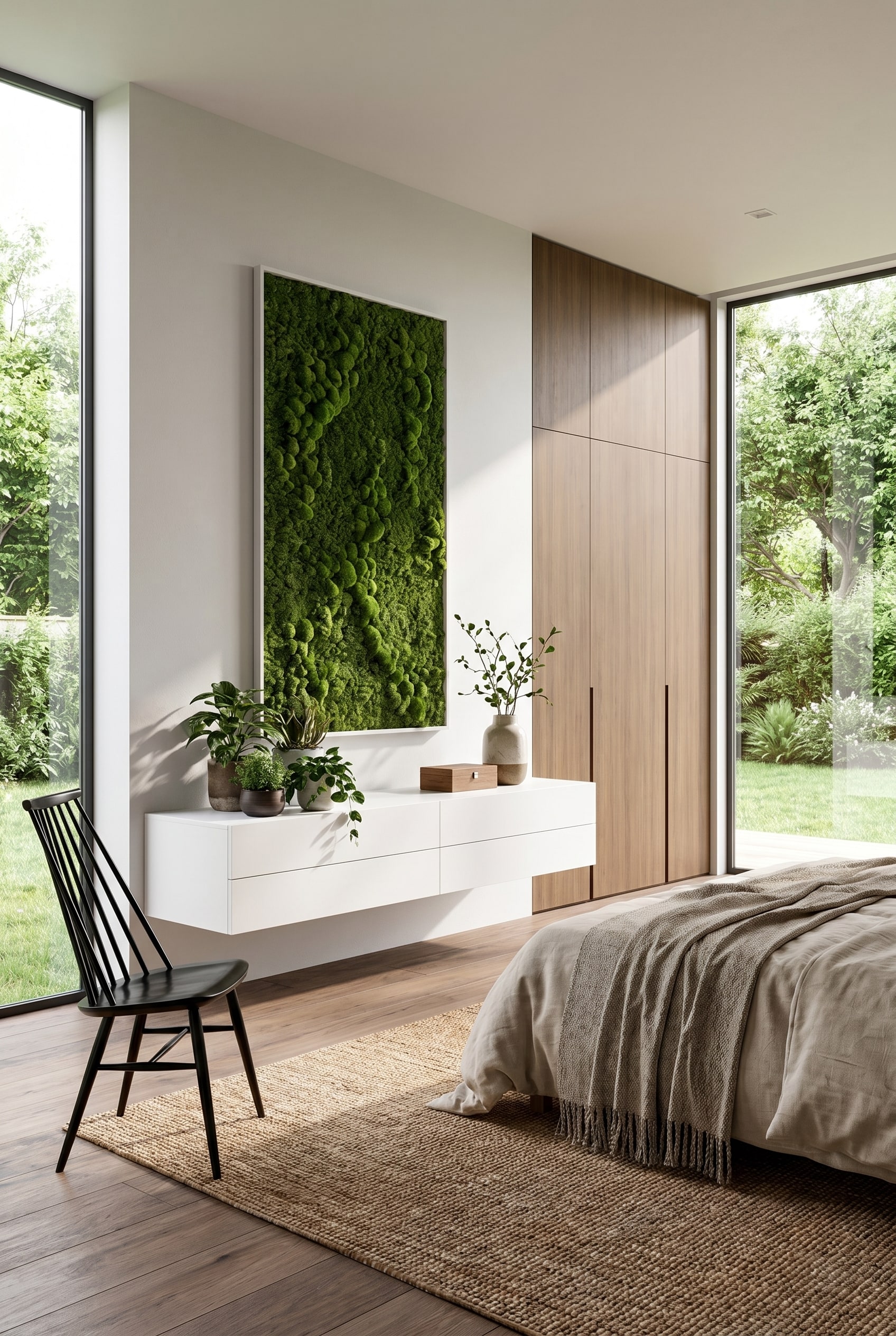 Helles Schlafzimmer mit schwebender weißer Hängekommode, darüber ein vertikales Moosbild und ein Drahtstuhl