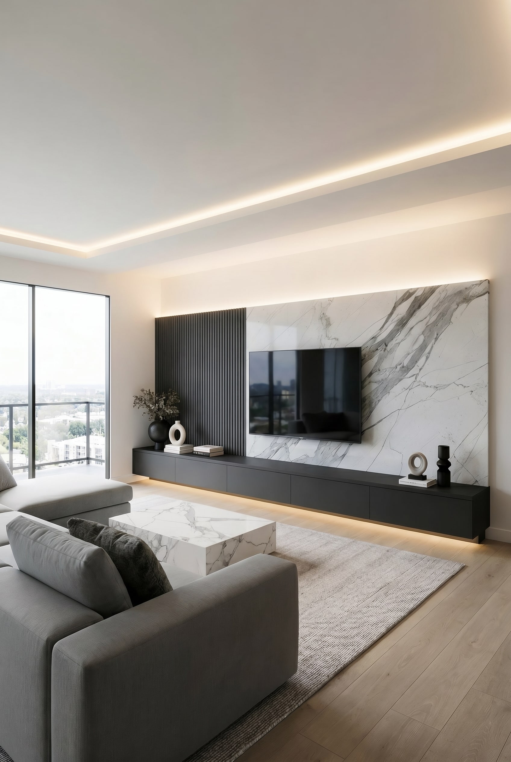 Modernes Wohnzimmer mit maßgefertigter TV-Wand, schwarzen Akustikpaneelen, weißer Marmor-Rückwand und dunkelgrauen geschlossenen Unterschränken