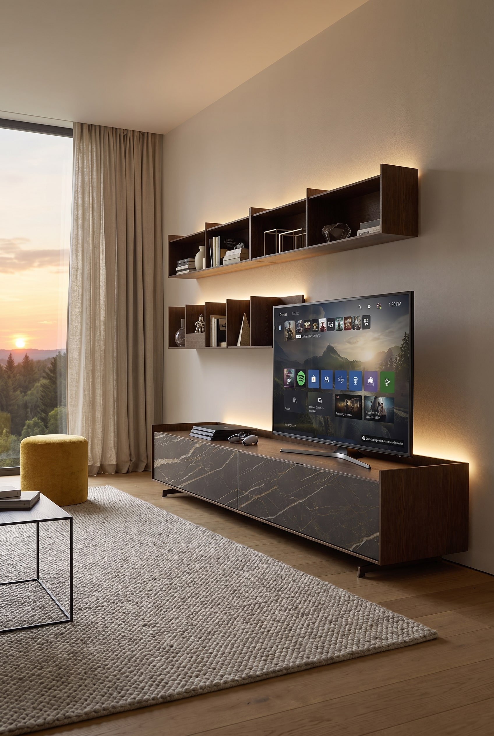 An asymmetrically divided wall shelf next to a TV wall, furnished with art books and matte ceramic vases to improve room acoustics.