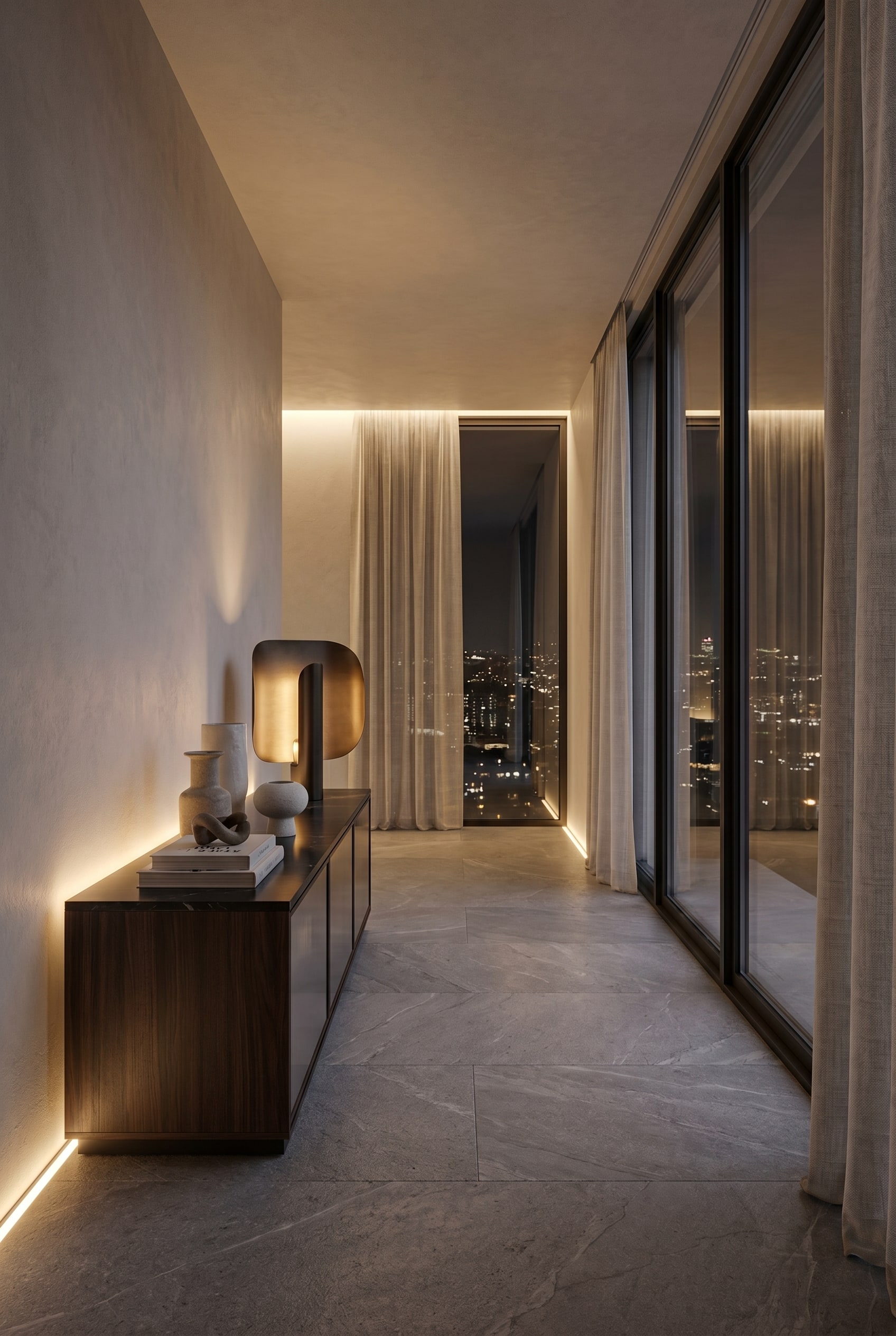 Luxuri&ouml;ses Wohnzimmer mit dunklem Holz-Sideboard und skulpturaler Tischleuchte aus geb&uuml;rstetem Messing