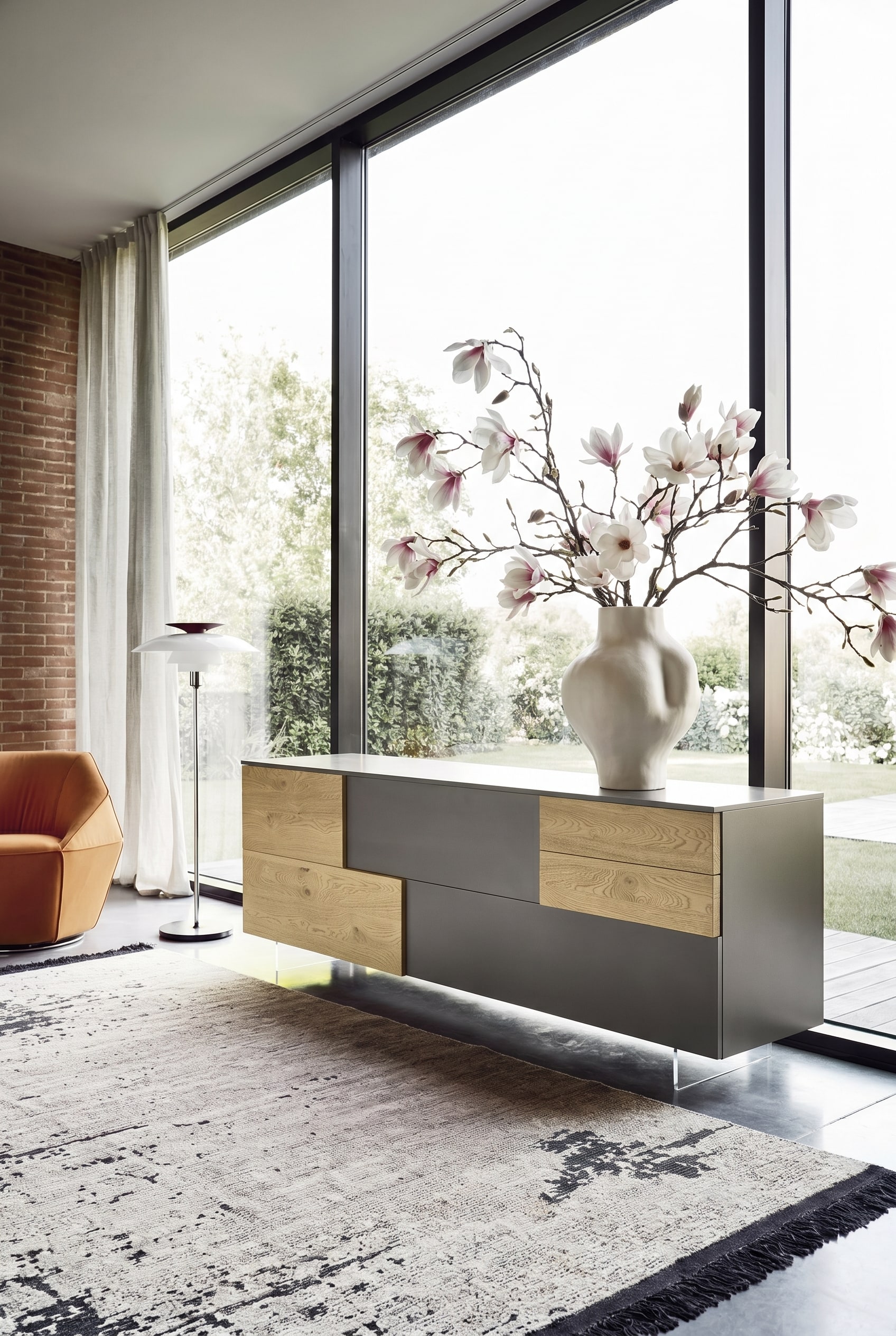 Asymmetrisches Designer-Sideboard mit versetzten Ebenen, darauf eine außermittig platzierte Vase mit langen Magnolienzweigen Asymmetrisches Designer-Sideboard mit versetzten Ebenen, darauf eine außermittig platzierte Vase mit langen Magnolienzweigen
