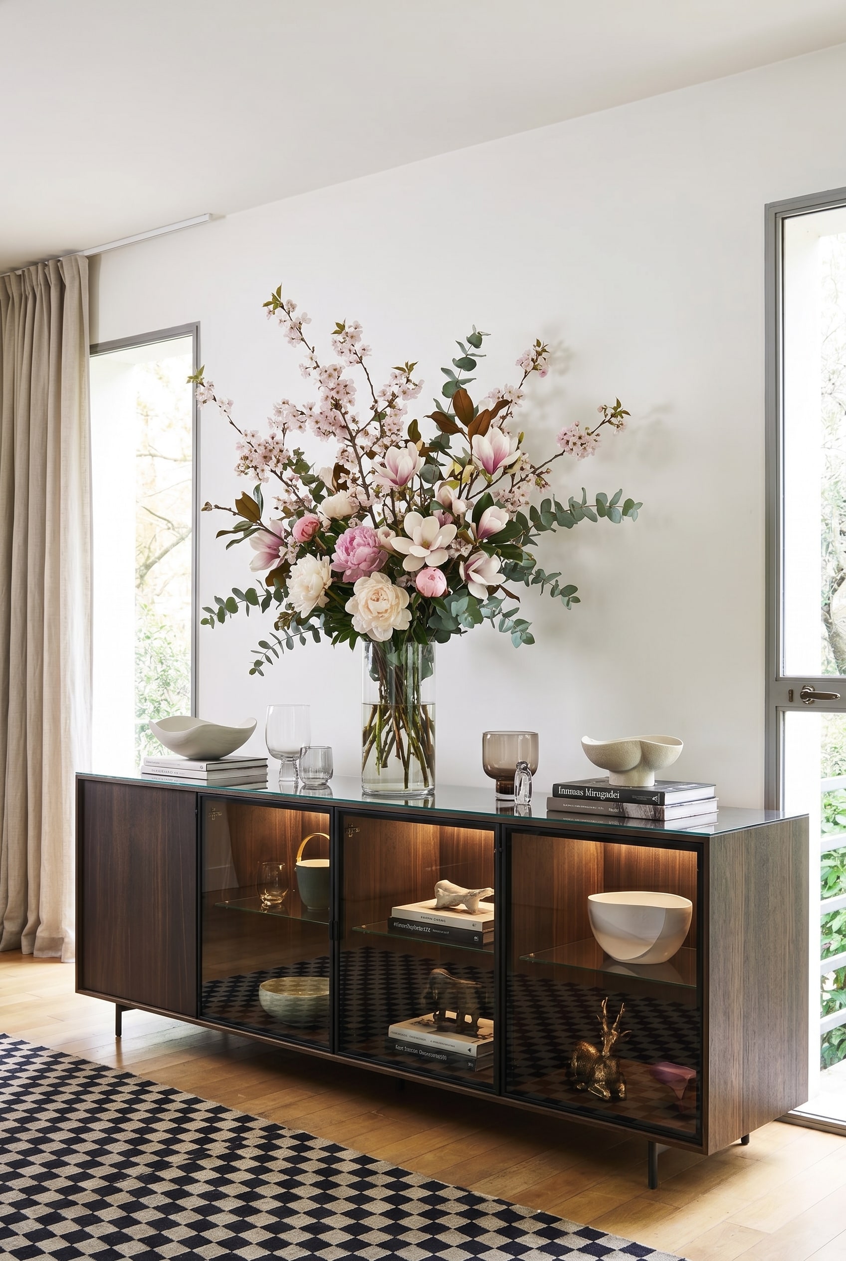Rauchglas-Sideboard in einem lichtdurchfluteten Raum, darauf eine voluminöse Frühlingsvase Rauchglas-Sideboard in einem lichtdurchfluteten Raum, darauf eine voluminöse Frühlingsvase