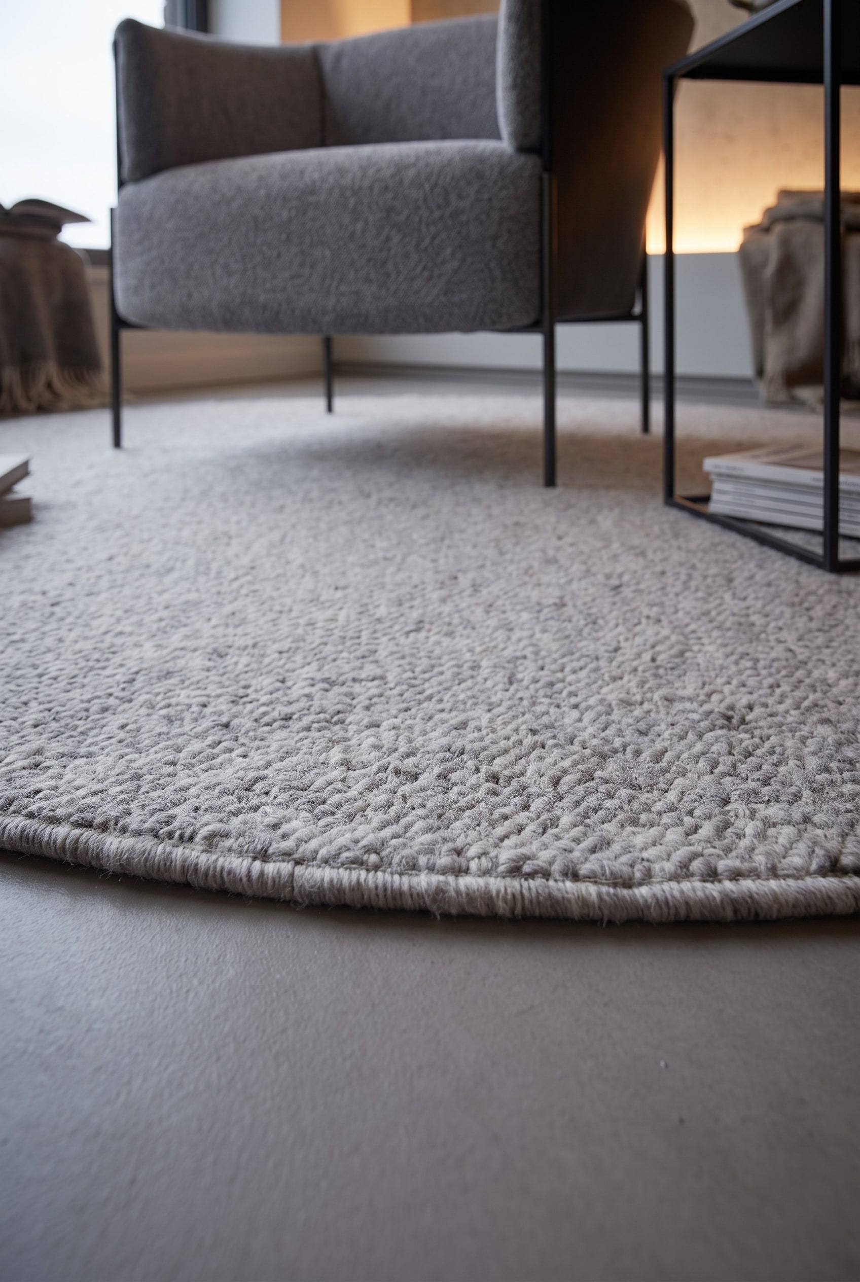 Nahaufnahme der Kante eines weichen Rundteppichs auf mattem Sichtestrich, die den Materialkontrast in der minimalistischen Leseecke zeigt.