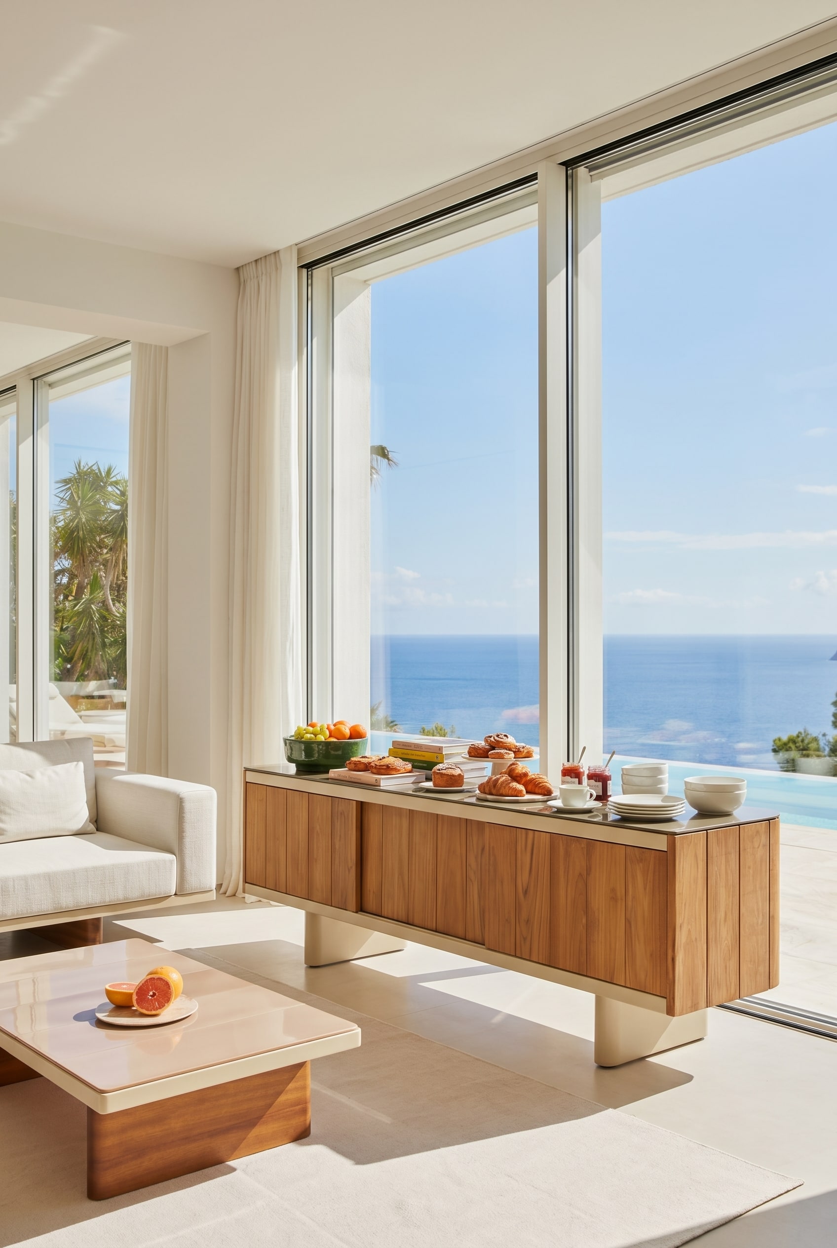Punt Atrio Outdoor Sideboard aus Teakholz vor einer weiten Fensterfront mit Blick auf eine sonnige Landschaft, dekoriert mit frischem Obst f&uuml;r den Brunch.
