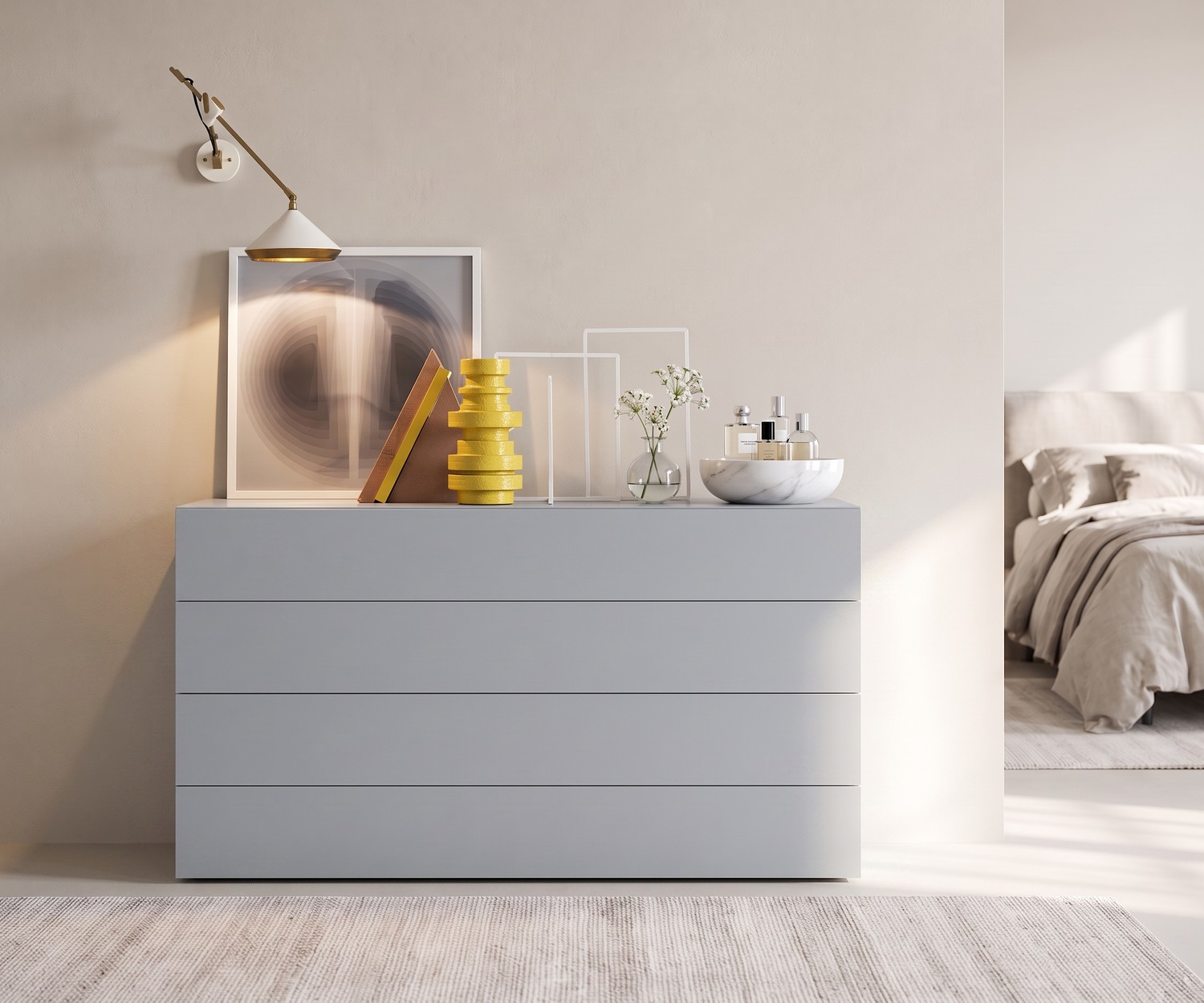 Novamobili Kommode Easy mit 4 Schubladen Novamobili Kommode Easy 4 für Stauraum im Schlafzimmer, griffloses Design in Hellgrau für minimalistischen Wohnstil.