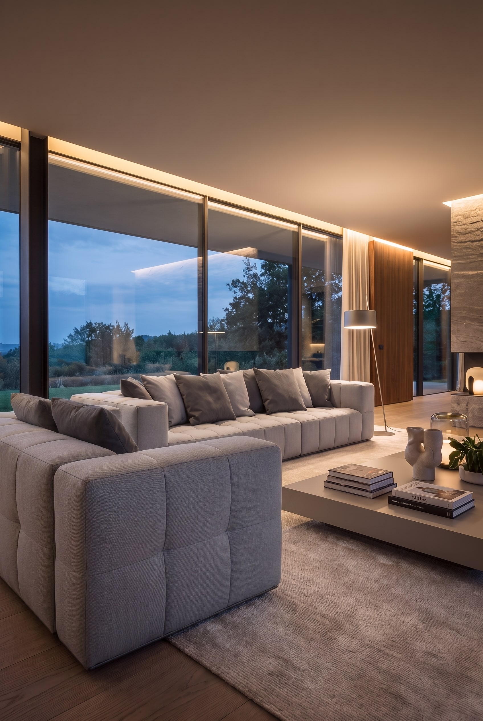 Graues Lounge-Sofa in Seitenansicht auf einem großformatigen hellen Teppich, der die klaren architektonischen Linien des Möbels betont.
