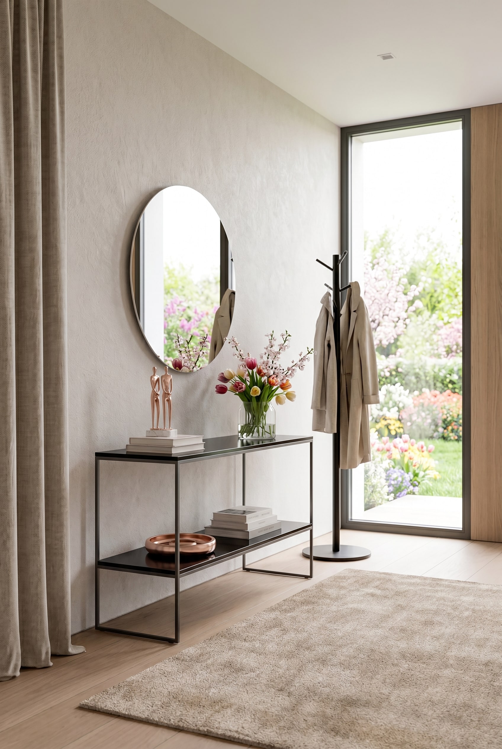 Moderner Flur mit minimalistischer Metallkonsole, rundem Wandspiegel, schwarzer Garderobe und flauschigem Teppich